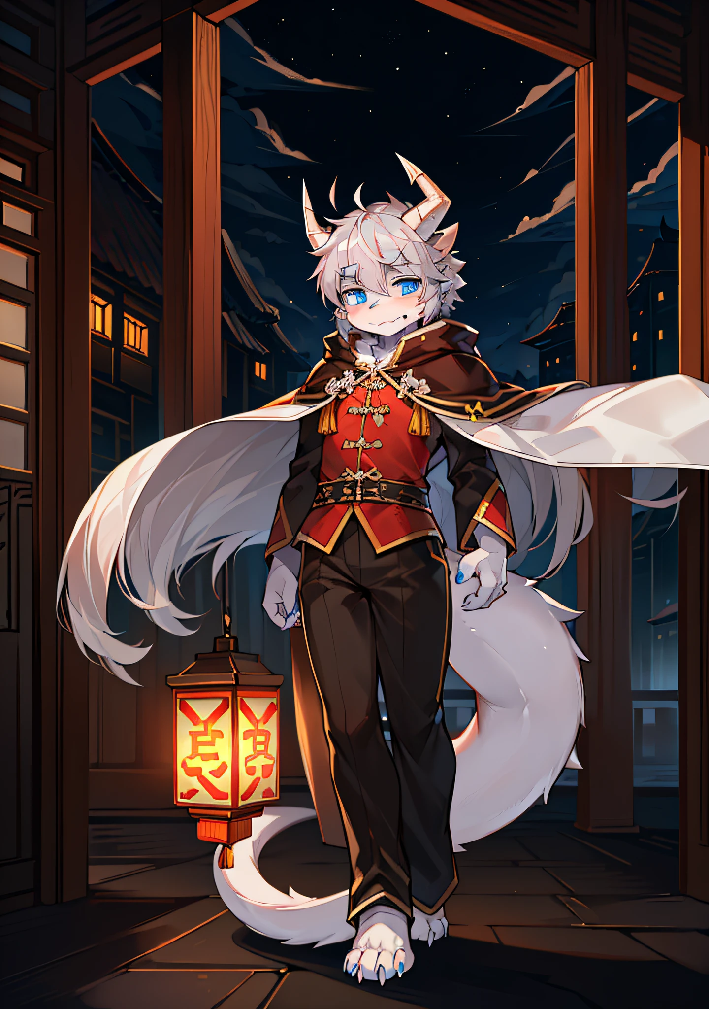 Bright eyes, panorama, character focus. (Detailed background: 0.7), Solo, Furry, Hairy Male, Male Focus, Anthr, (Full body fur, Fluffy big tail, White fur, Large dragon horns, blue eyes, Light gray hair: 1.2), (Chinese dragon, youth, cape: 1.2), (Exterior, Night, Yueyang Tower, Chinese style, Sacrifice: 1.1), shy, long tail, dragon's mouth, Chinese dragon, no wings, thick mane