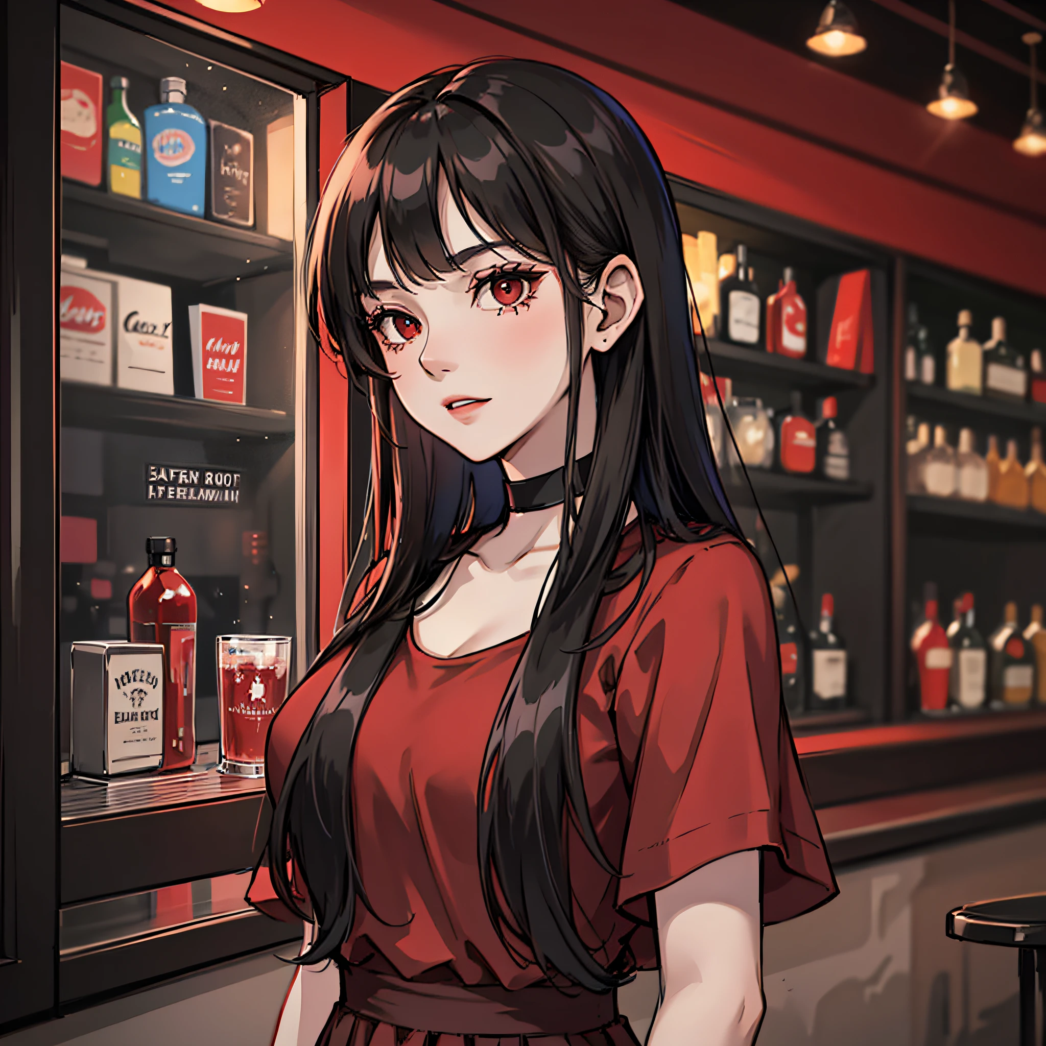 A woman in a red dress (long black hair, pretty,) at a bar, and a man in short black sleeves (short hairstyle on the side, high cold) closes the door