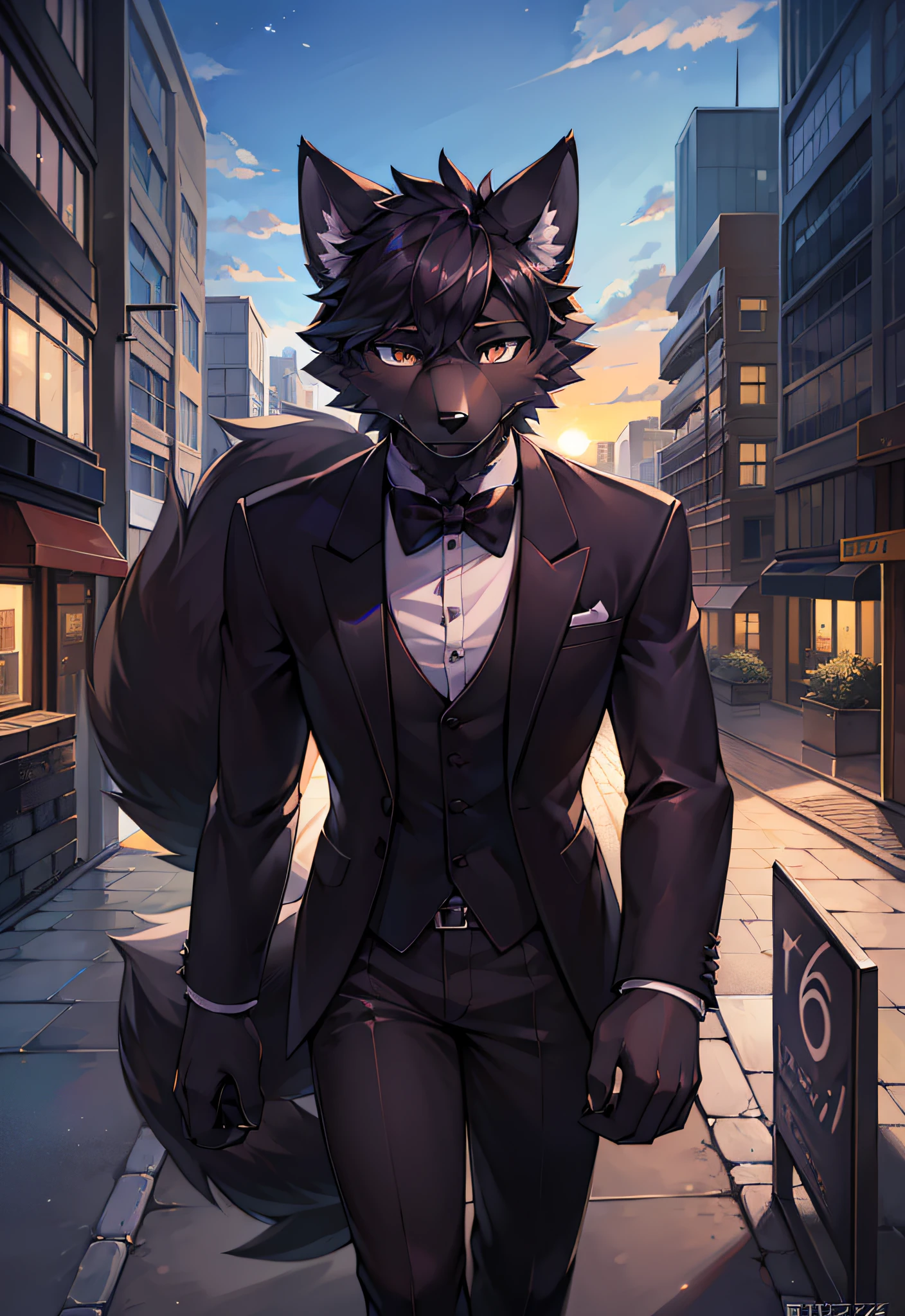 (furry art, uploaded on e621:1.4), (masterpiece:1.3), (best quality:1.2),(2D:1.0), (anime:1.0), (illustration:1.0), (sharp:1.2), (light_environment), (city), (clear, shiny:0.8), (impasto:1.1), (ultra-detailed:1.0) (1boy, solo), black, (anthro furry:1.6), (anthro_male_wolf:1.2), (black fur:1.6), tuxedo, long pants, pov from below