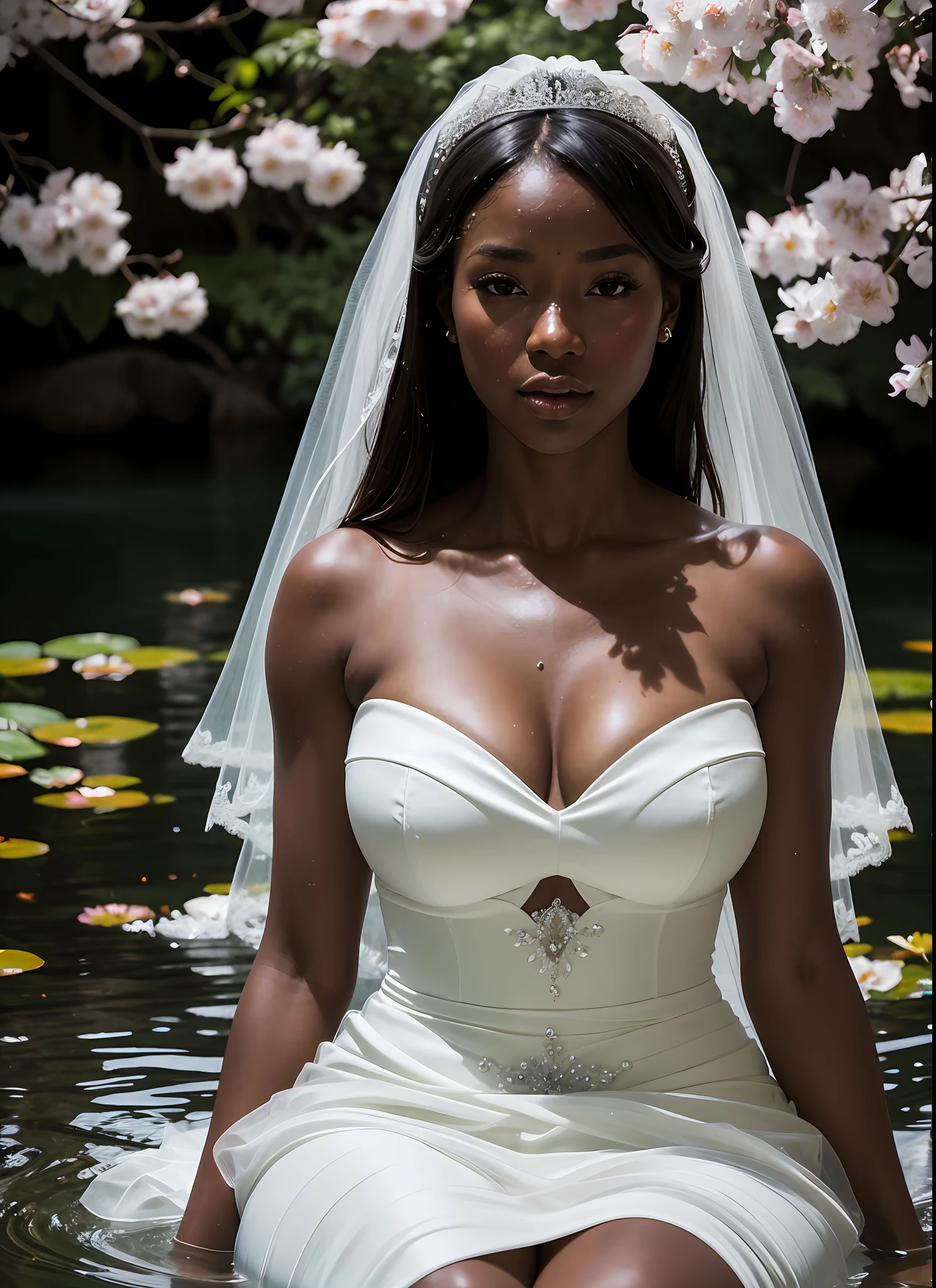 masterpiece, highest quality, solo focus, (skimpy:1.04), (short:1.15) and (curvy) woman with (dark skin:1.11) and (large breasts:1.1), full body, (cameltoe:1.1), high angle and (white wedding veil), ((see-through:0.6) white wedding dress), bridal gloves, (perfect face:1.1) intricate (high detail:1.1) body, covered navel, covered, eyes up, lips, submerged in water, flower bed with lanterns in the background, lush forest, (leaves on water:1.0), falling sakura blossoms, butterflies, fireflies, by lee jeffries nikon d850 film stock photograph 4 kodak portra 400 camera f1.6 lens rich colors hyper realistic lifelike texture dramatic lighting unrealengine trending on artstation cinestill 800