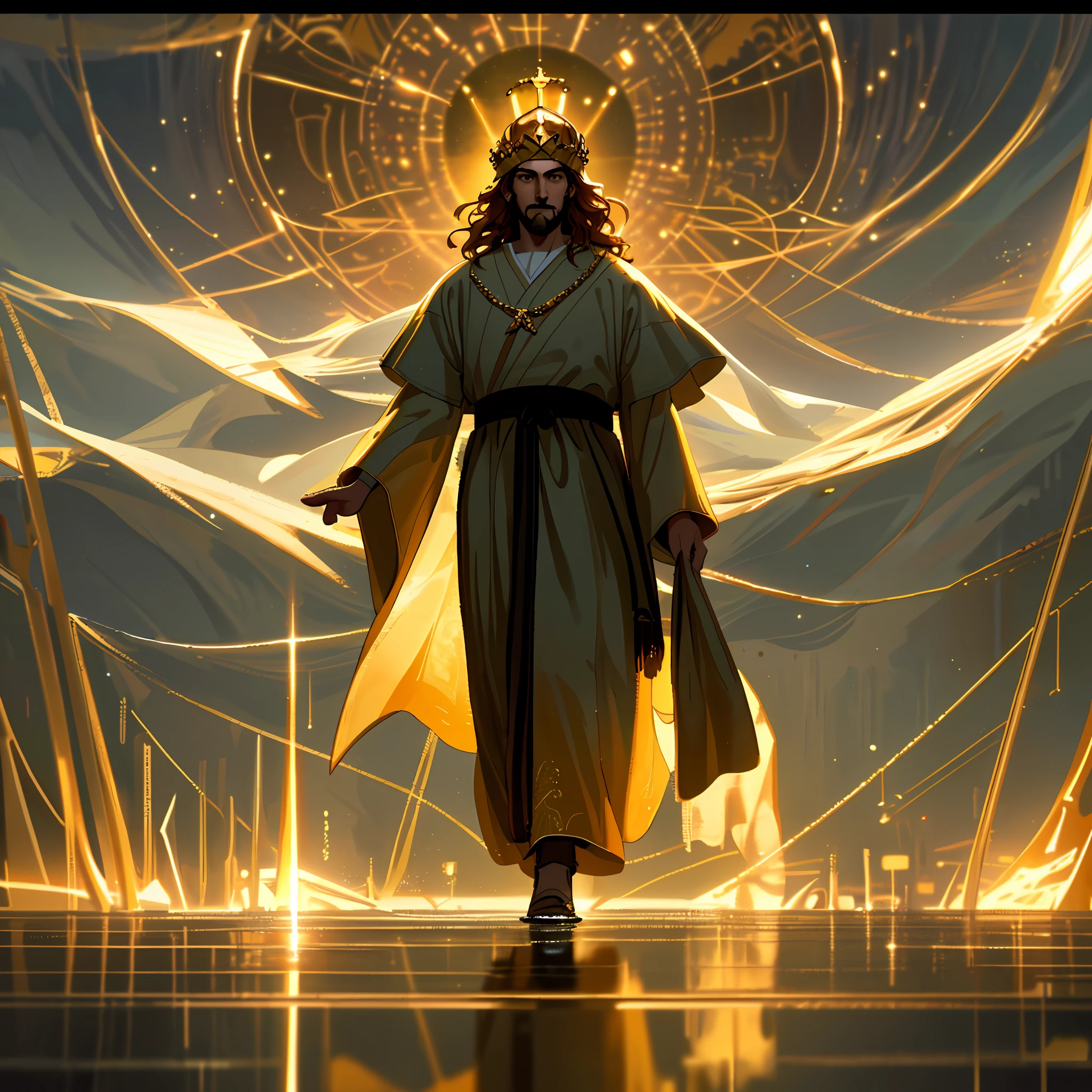 jesus walking on water in the middle of a storm, ((Jesus wearing a golden crown)), camera view from bottom to top, masterpiece, best quality, high quality, 8k wallpaper of extremely detailed CG unit, award-winning photography, Bokeh, Depth of Field, HDR, bloom, chromatic aberration, photorealistic, extremely detailed, trend in artstation, trend in CGsociety,  intricate, high detail, dramatic, art in the middle of the journey, (( cinematic lighting))