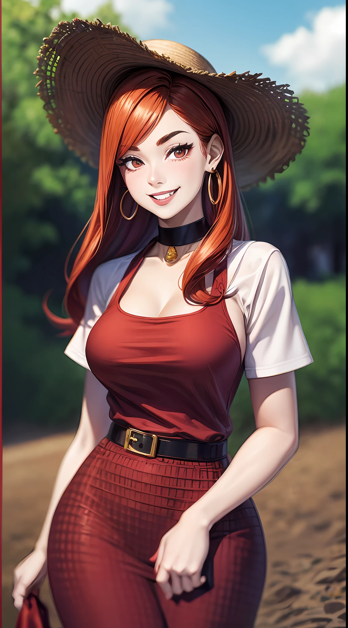 A grown-up, smiling, spicy woman, with big clothes resembling pepper, red and green, redhead, straw hat, on a farm, wearing notes, thick eyebrows, with fangs, earrings and gold choker