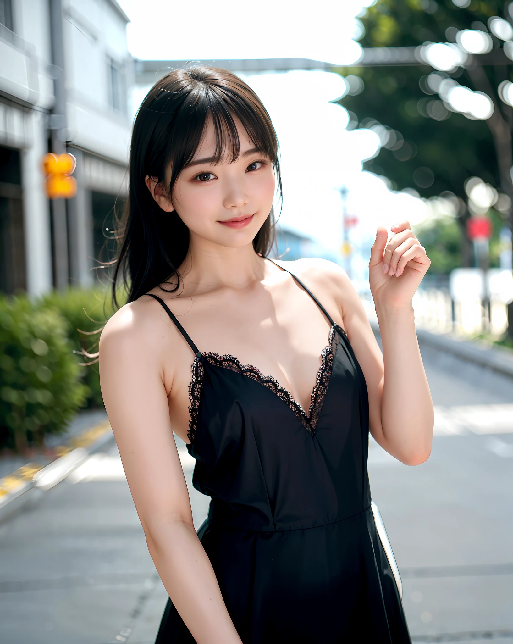 Woman posing on street corner in black dress, top quality, one girl, small breasts, bright, blurred background, bokeh, outdoor, (street: 0.8), skimpy dress (cropped with lace): 1.5, sleeveless dress, black clothes, sexy (short hair, forehead: 1.2), beautiful sky with details, (dynamic pose: 1.2), (upper body: 0.8), Soft lighting, wind, shiny skin, smile, 8K, exposed cleavage, broad shoulders, accentuated collarbone, accentuated ((shoulder muscles)).
