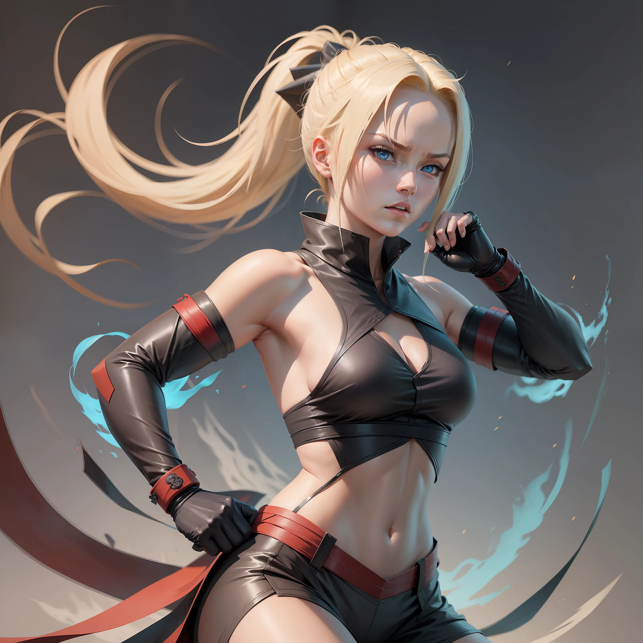 1.4) - A martial art-style illustration of the character Yamanaka Ino, from the hidden leaf village, in his kunoichi/ninja form. A dynamic angle will highlight her blonde hair, which will be presented in a long ponytail. Her blue eyes will be emphasized with dramatic lighting.