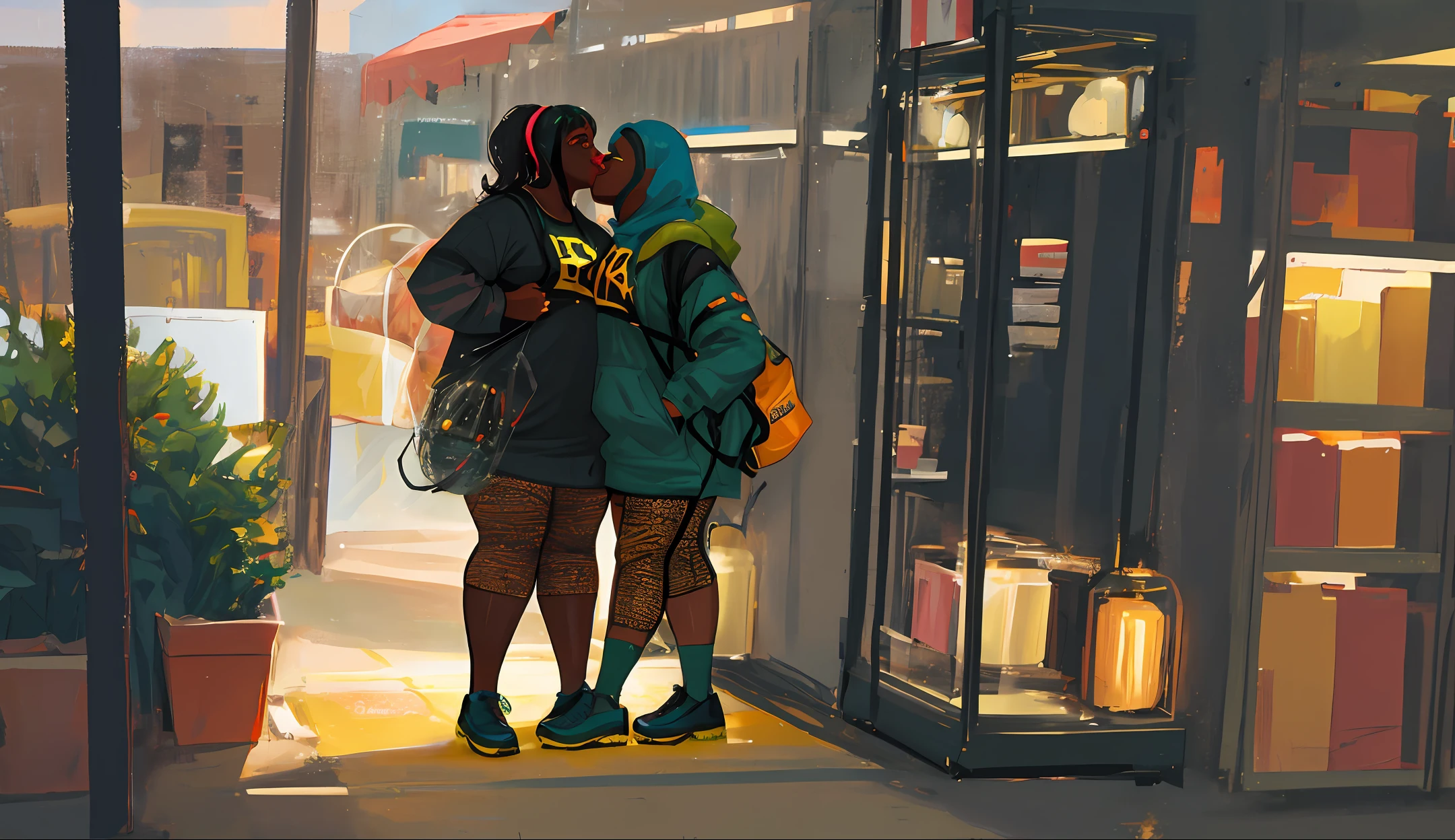Two fat black women kissing in an apocalyptic scenario