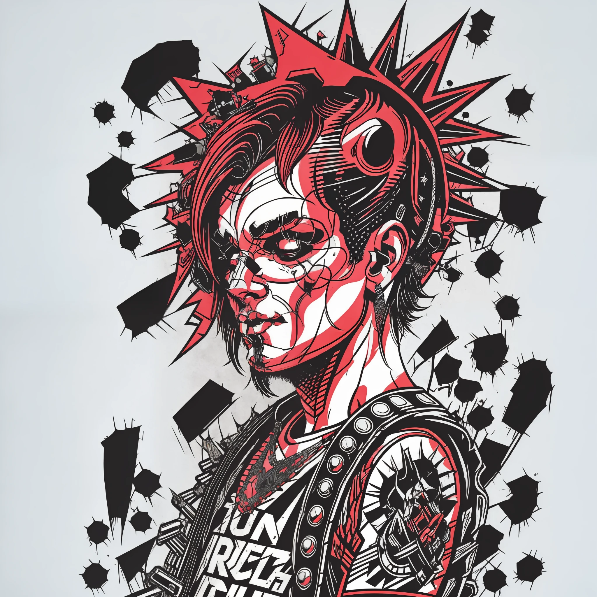 close up a Punk rocker , t-shirt logo in the style of tapered fine outline, orthographic view, vector art
