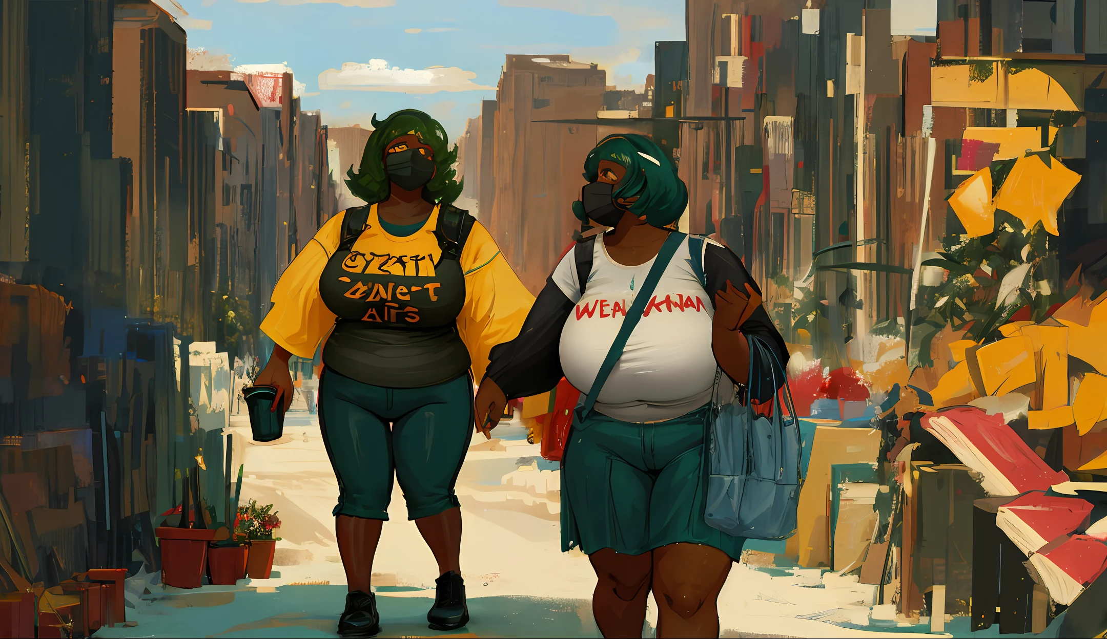 Two fat black women kissing in an apocalyptic scenario