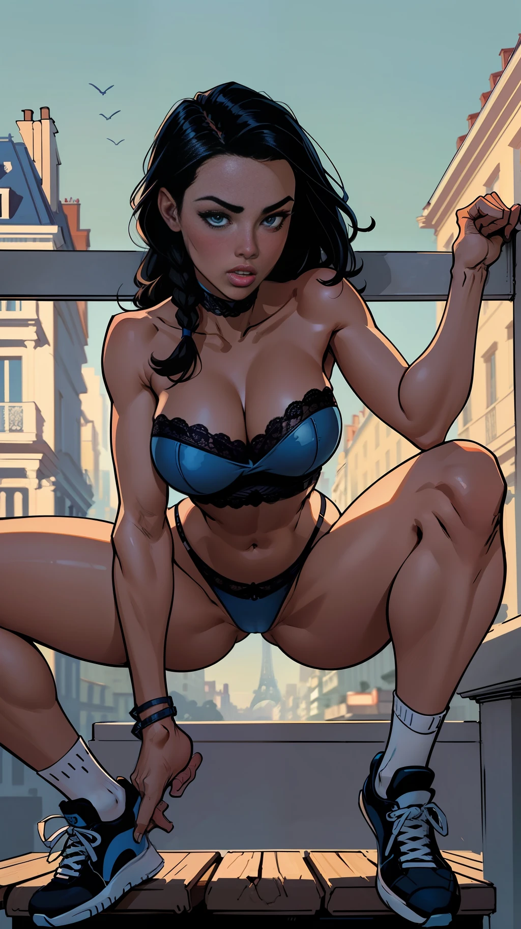 (Best Quality, Masterpiece: 1.1), (Fidelity: 1.4), (Anatomy: 1.1), Woman, Upper Body, Lustful Look, Flushed Face, Pleasure, Lustful Expression, Half-Open Mouth of Pleasure, Long Black Hair Braid, On the Balcony, Paris Night Bottom, Long Lace Socks, Lace Choker, Flying Hearts, Micro Tight Blue Vinyl Strapless Lingerie, Crouching Position, Open Legs,  Full body, low sneakers, wide hips, bare crotch, camel paw, detailed pubic anatomy, full breasts, looking at the viewer, pov from below, comics style, analog style, illustration, lineart.