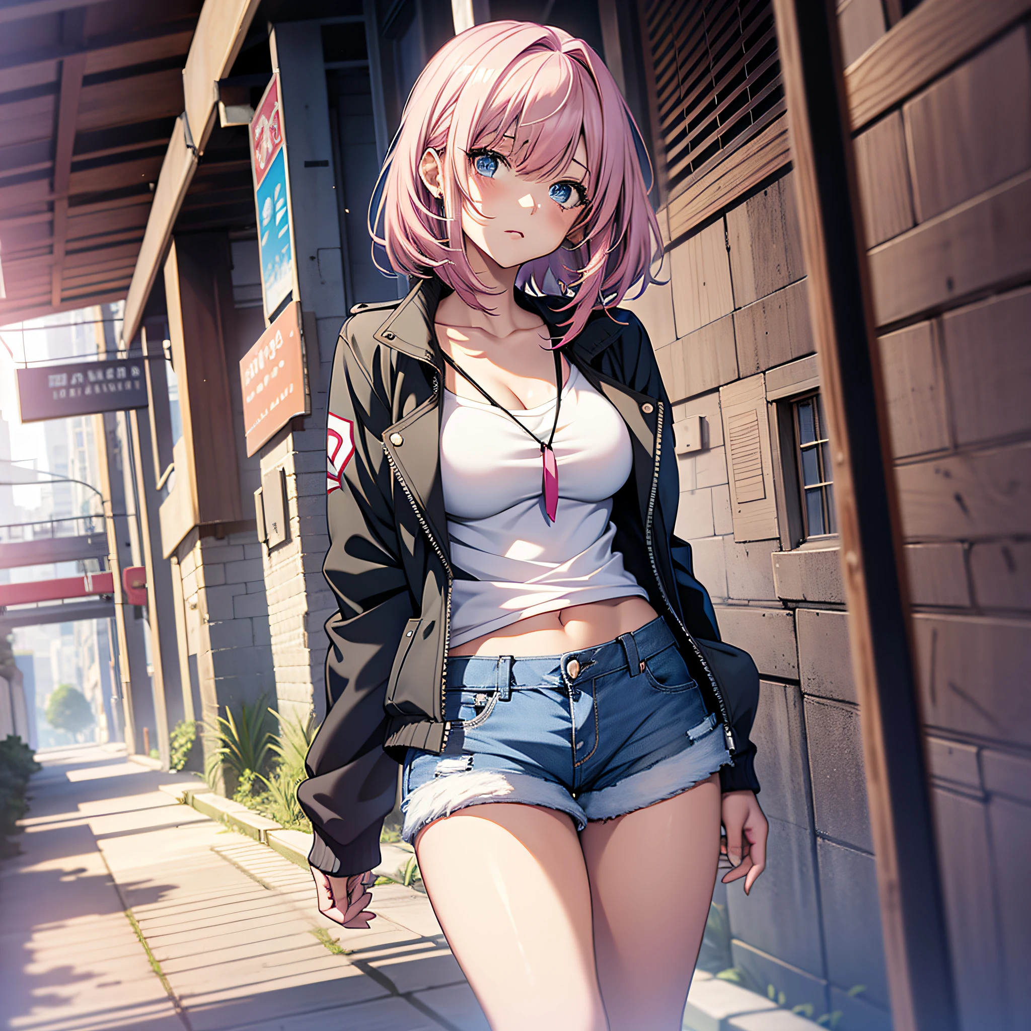 anime, anime style, young girl, 18 years old, short, small breasts, white blouse, tits, pink hair, blue eyes, jacket with white hair, jean shorts, 4k masterpiece, best quality