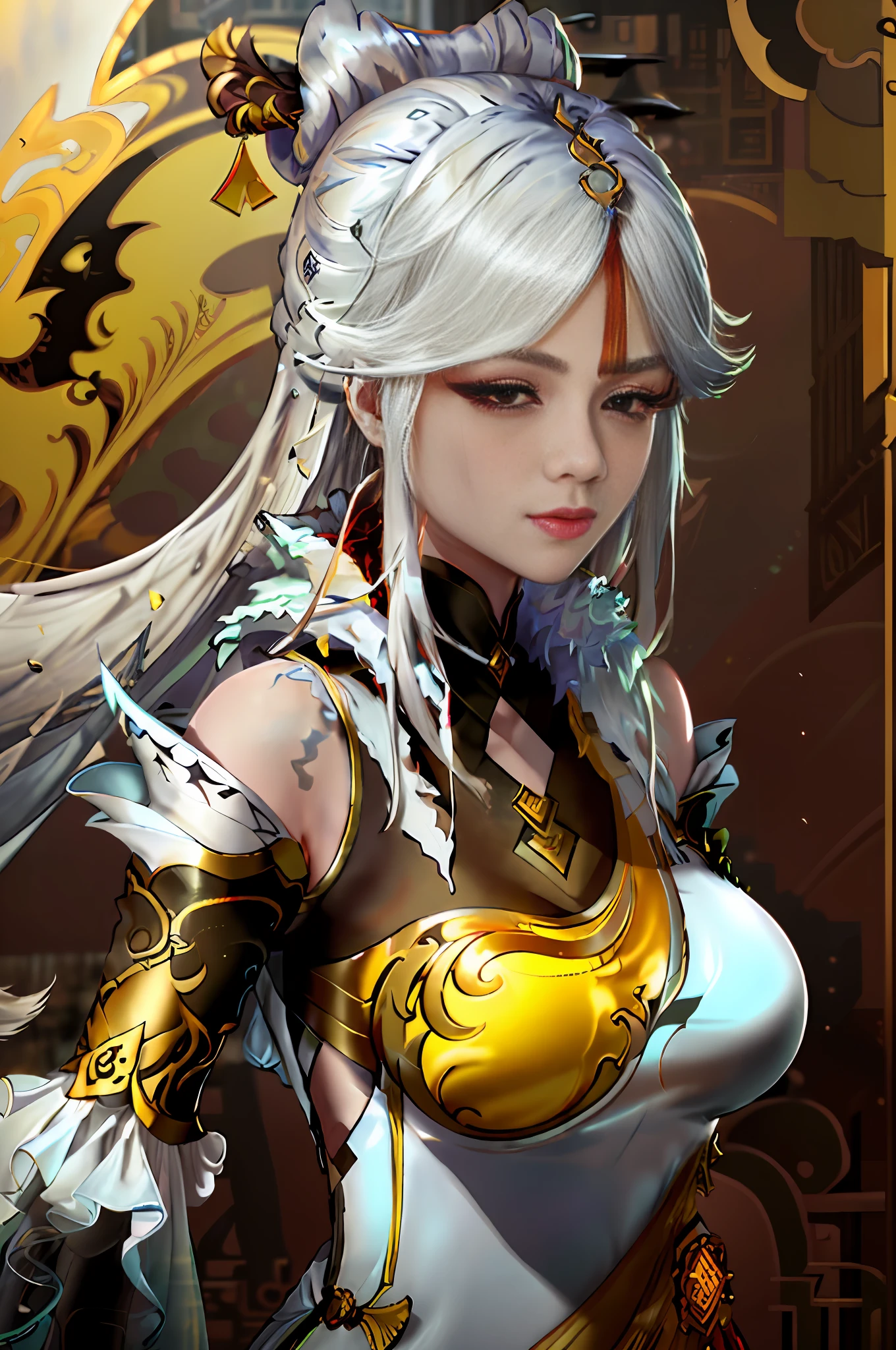 (extremely detailed CG unity 8k wallpaper,masterpiece, best quality, ultra-detailed),(best illumination, best shadow, an extremely delicate and beautiful), floating, high saturation,
dynamic angle, ((1girl)), gorgeous, ningguang \(genshin impact\),
white hair, red eyes, very long hair, hair ornament, bangs