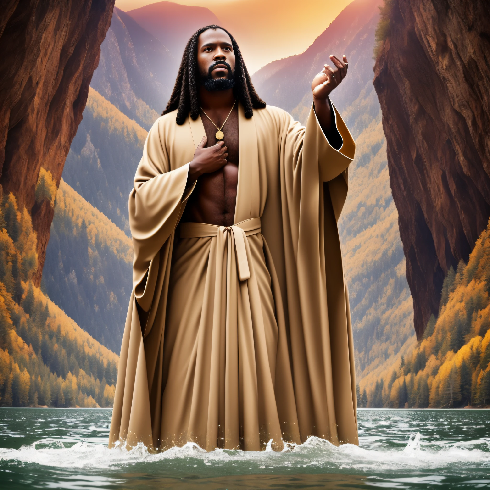 Black Jesus in a beige robe covering his entire body at the edge of the lake