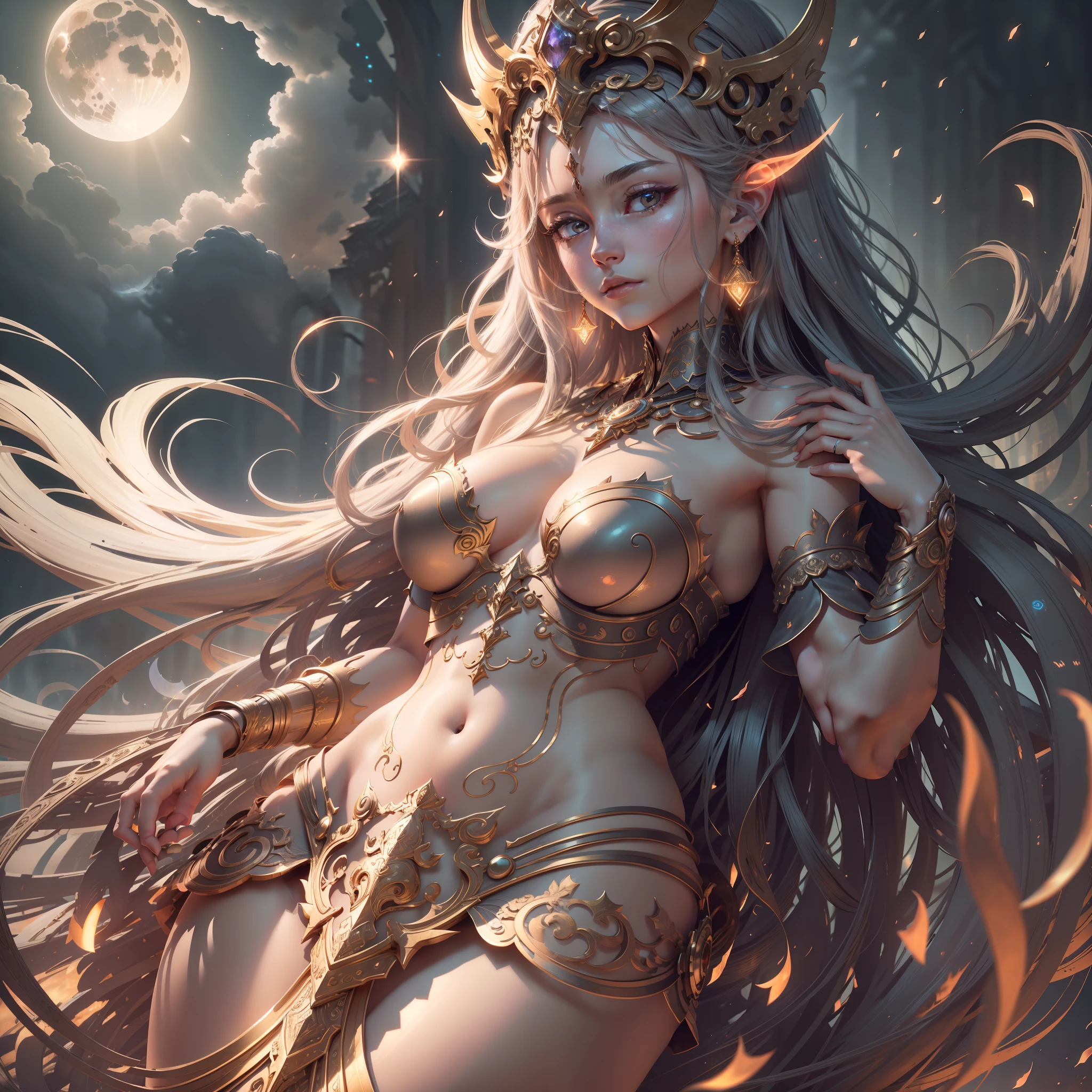 masterpiece, best quality, (extremely detailed unity 8k CG wallpaper), (best quality), (best illustration), (best shadow), absurdities, realistic lighting, night, darkness, giant, Goddess, Ancient Goddess, Aphrodite, deity, glorious pose, night, moon, beautiful detailed brightness, luminous background glow