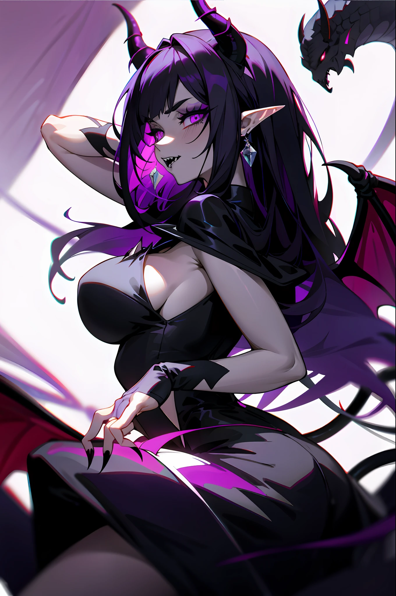 1girl, solo, big breasts, demon, purple eyes, sharp teeth, long pointy black nails, long straight hair, black hair, purple horns, black lipstick, elf ears, diamond earrings, purple necklace, light purple tail, cinematic lighting, cat eyes, demon wings, horns, black lips, makeup, black makeup, pointy nails, black nails, demon horns, long tongue, dragon wings, purple dragon wings, pale skin, tail