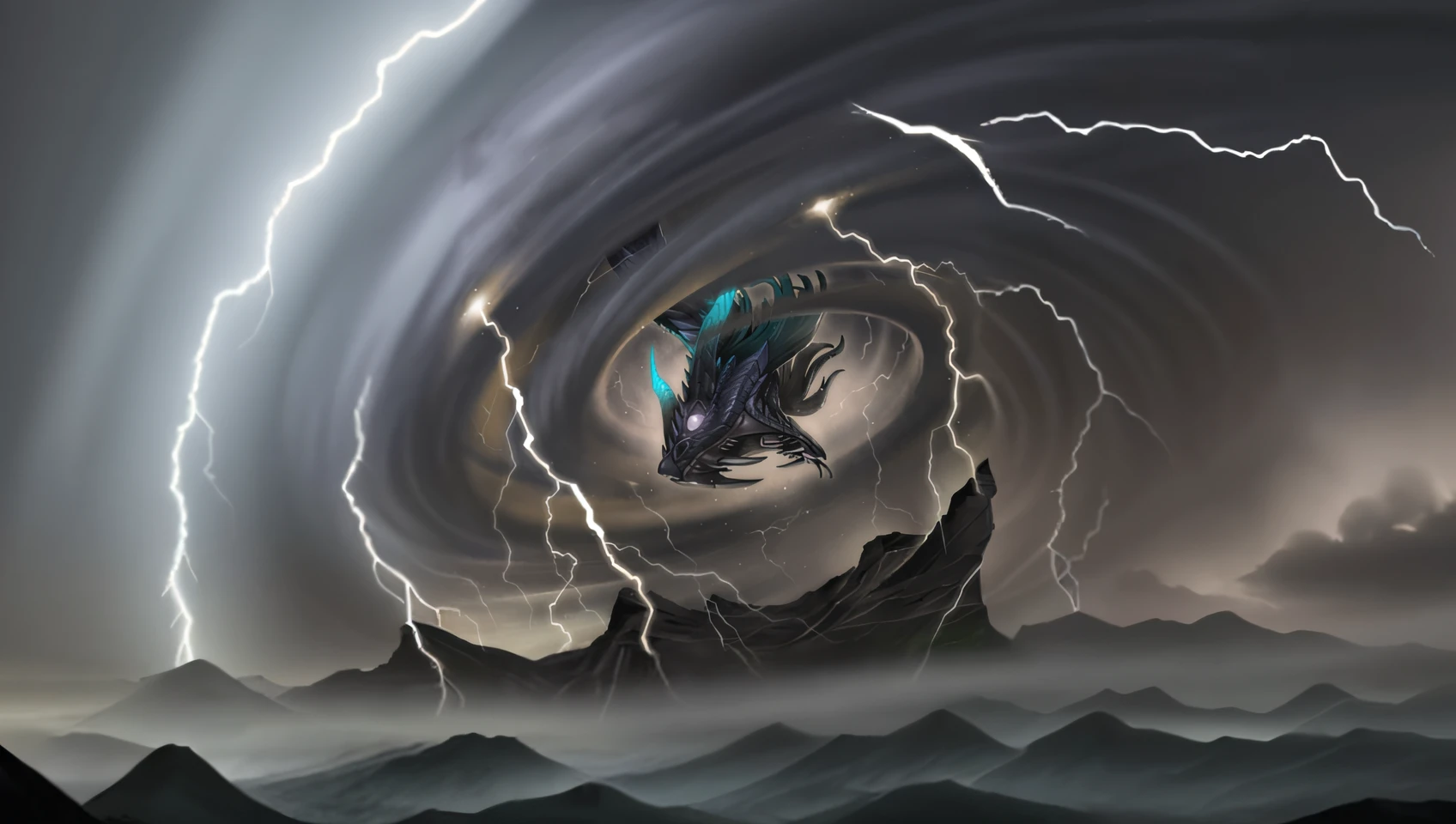 a close up of a dragon flying through a storm of lightning, storm dragon, lightning dragons attack, eye of the storm, stylised storm, godrays digital painting, zenithal lightning, dark night stormcloud, storm of all storms, ancalagon the black, coronal storm, whirlwind, alduin, storm, storm background, thunder storm