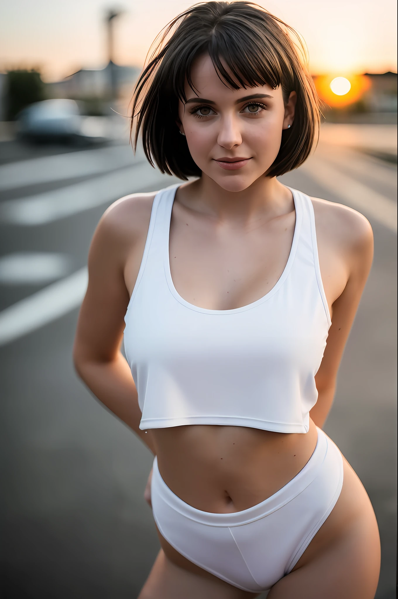 Close-up shot, 55mm Canon lens, volumetric lighting, Fujifilm XT3 lens, body portrait, a young white woman, breasts, happy, 18 years old, short black straight hair, short tank top, nipple marking on regatta, short shorts, European street in the background, sunset, high resolution image, detailed texture, realistic depth of field