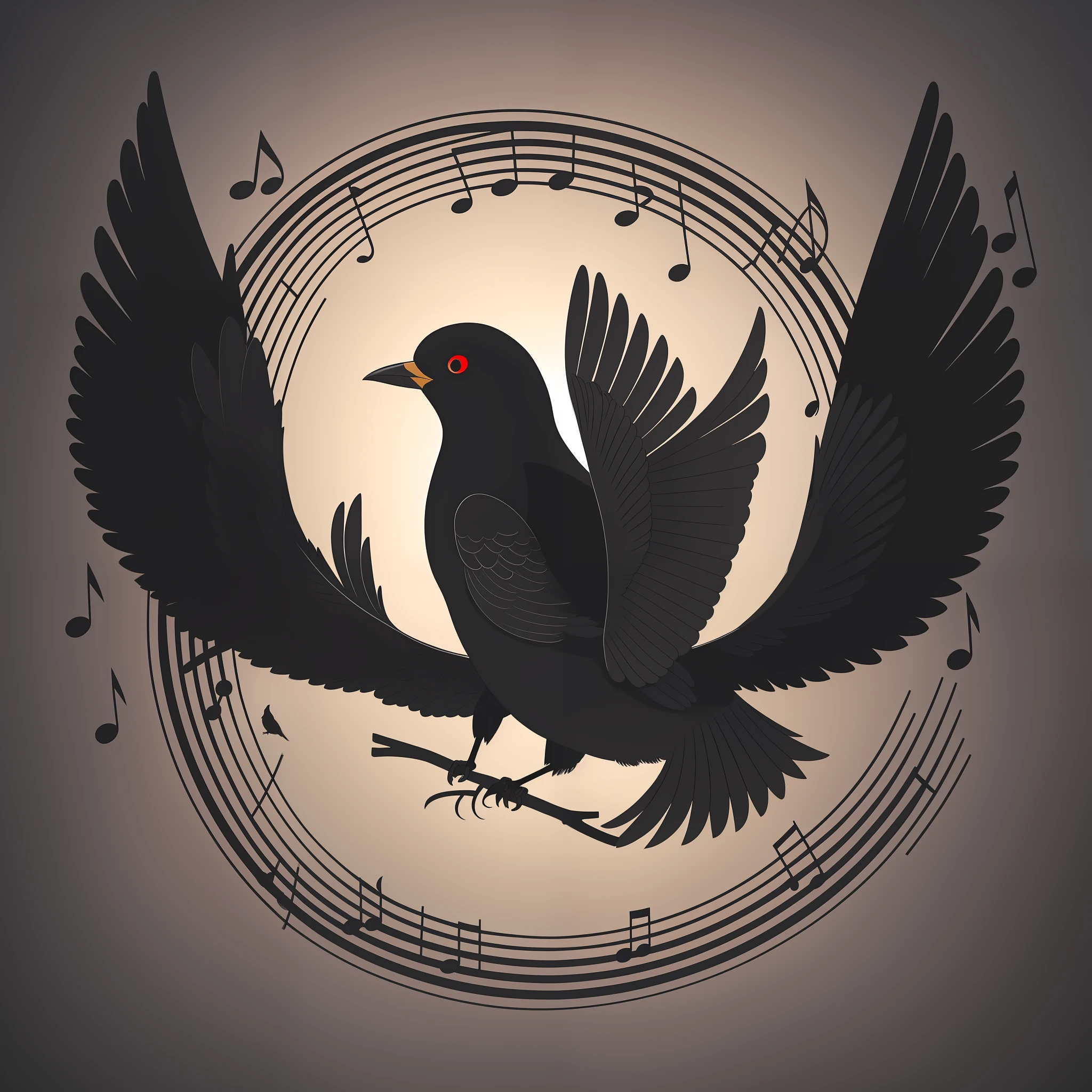 There is a black bird with a long tail, red eyes and a red spot on the neck below the beak that is sitting on a branch with musical notes around it forming a circle,