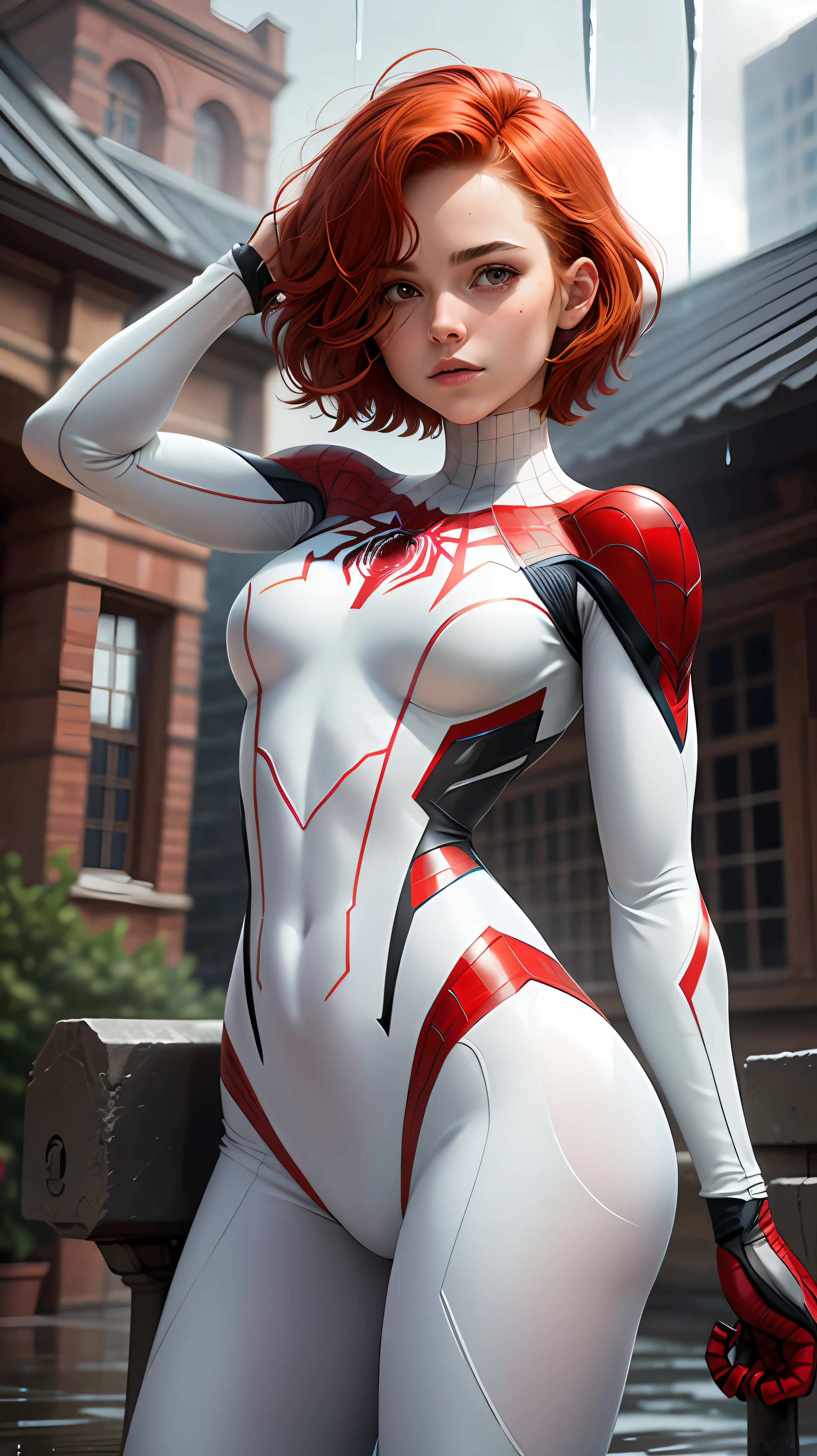 18 year old girl, white spider man suit, short and uncut hair, redhead, beautiful face, rain, roof, masterpiece, cracked details, perfect anatomy