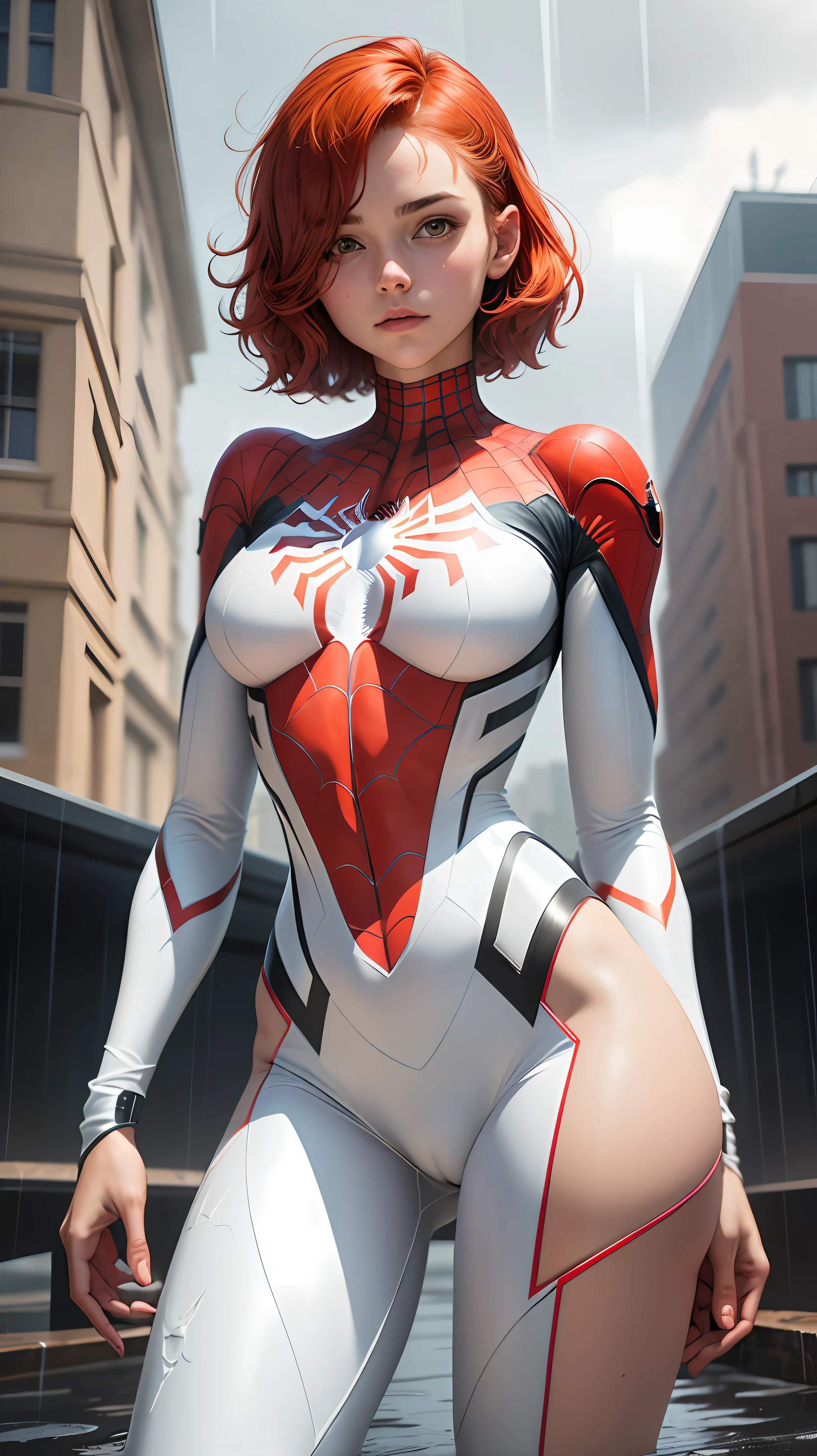 18 year old girl, white spider man suit, short and uncut hair, redhead, beautiful face, rain, roof, masterpiece, cracked details, perfect anatomy