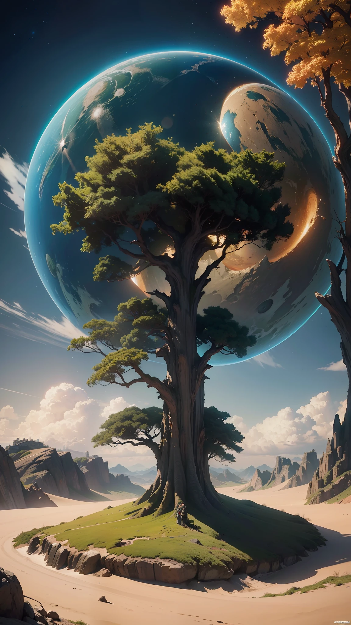 A very detailed matte painting depicting a man looking at a giant tree and planet on a mountain, by Makoto Shinkai, by Artgerm, by WLOP, by Greg Rukowski, volumetric lighting, octane rendering, 4K resolution, ArtStation Trends, Masterpiece
