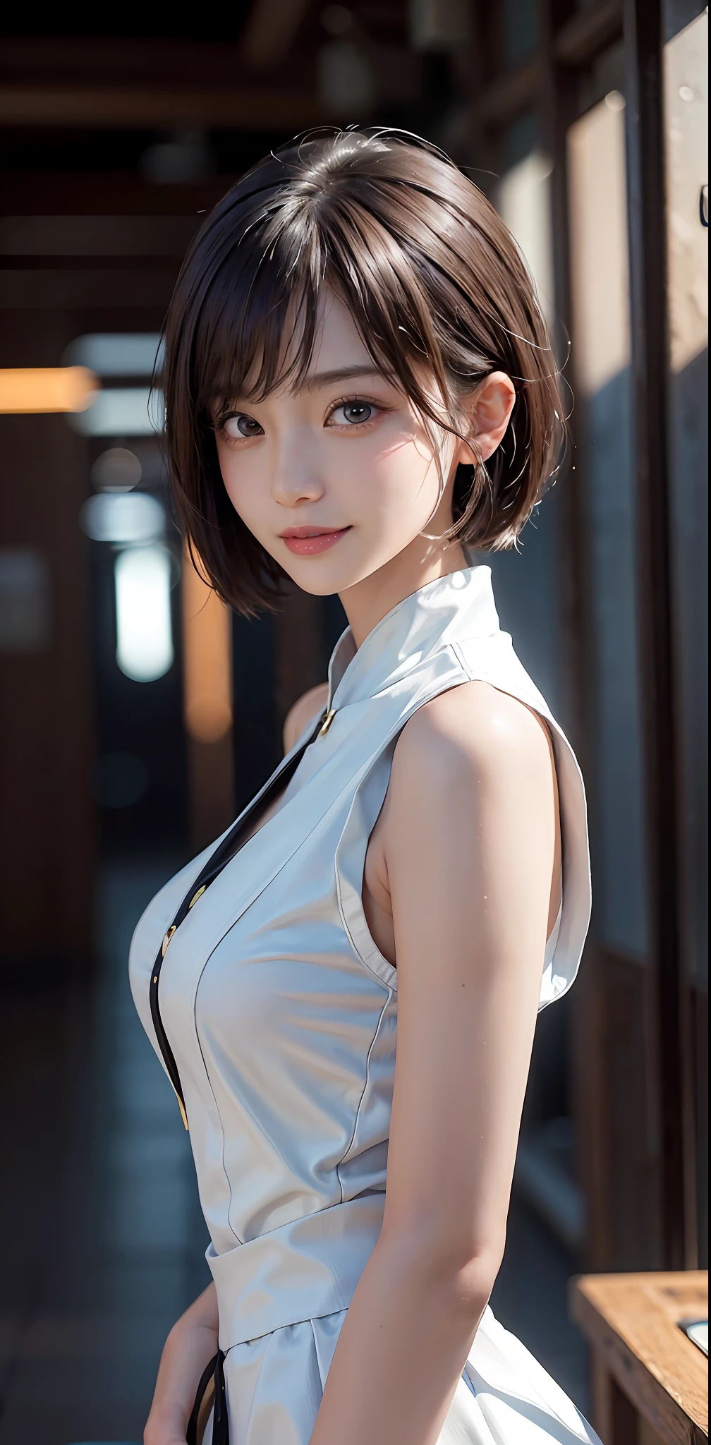 Masterpiece, 1 Beautiful Girl, Detailed Eyes, Swollen Eyes, Best Quality, Ultra High Resolution, (Reality: 1.4), Original Photo, 1Girl, Cinematic Lighting, Smiling, Japanese, Asian Beauty, Korean, Clean, Super Beautiful, Beautiful Skin, Slender, Cyberpunk Background, (Ultra Realistic ), (high resolution), (8K), (very detailed), (best illustration), (beautifully detailed eyes), (super detailed), (wallpaper), (detailed face), viewer looking, fine details, detailed face, pureerosfaceace_v1, smiling, 46 point slanted bangs, looking straight ahead, neat clothes, dark colored eyes, sleeveless, body facing front, short hair, brown hair, divine messenger,