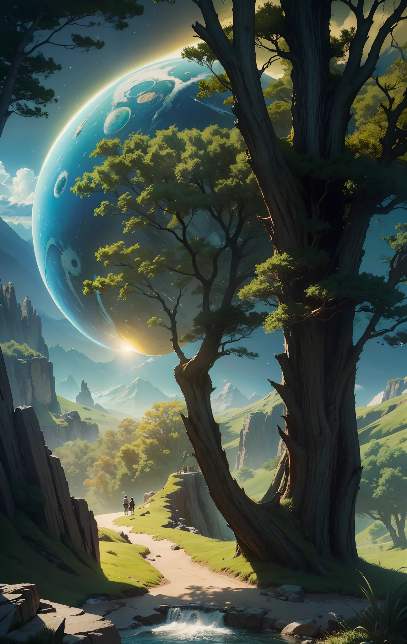 A very detailed matte painting depicting a man looking at a giant tree and planet on a mountain, by Makoto Shinkai, by Artgerm, by WLOP, by Greg Rukowski, volumetric lighting, octane rendering, 4K resolution, ArtStation Trends, Masterpiece