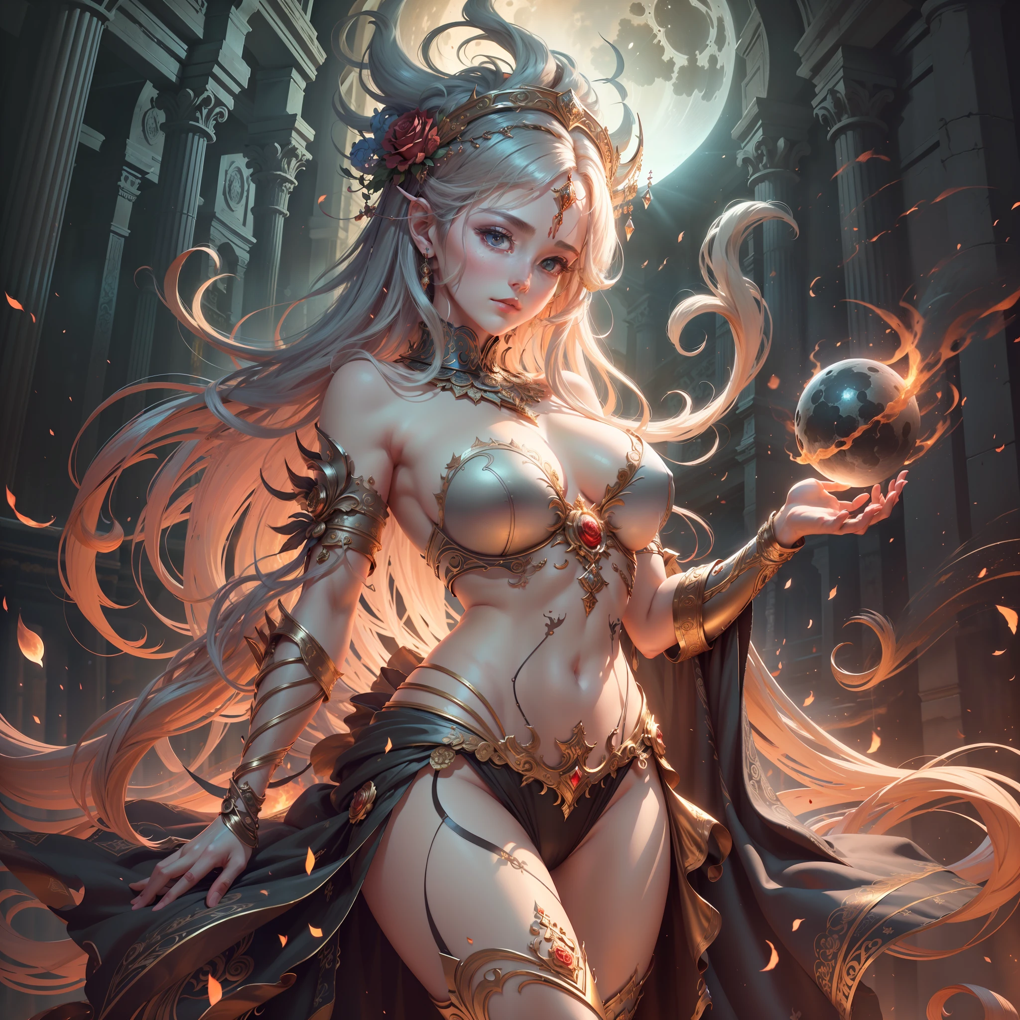 masterpiece, best quality, (extremely detailed unity 8k CG wallpaper), (best quality), (best illustration), (best shadow), absurdities, realistic lighting, night, darkness, giant, Goddess, Ancient Goddess, Aphrodite, deity, glorious pose, night, moon, red roses, beautiful detailed brightness, luminous background brightness