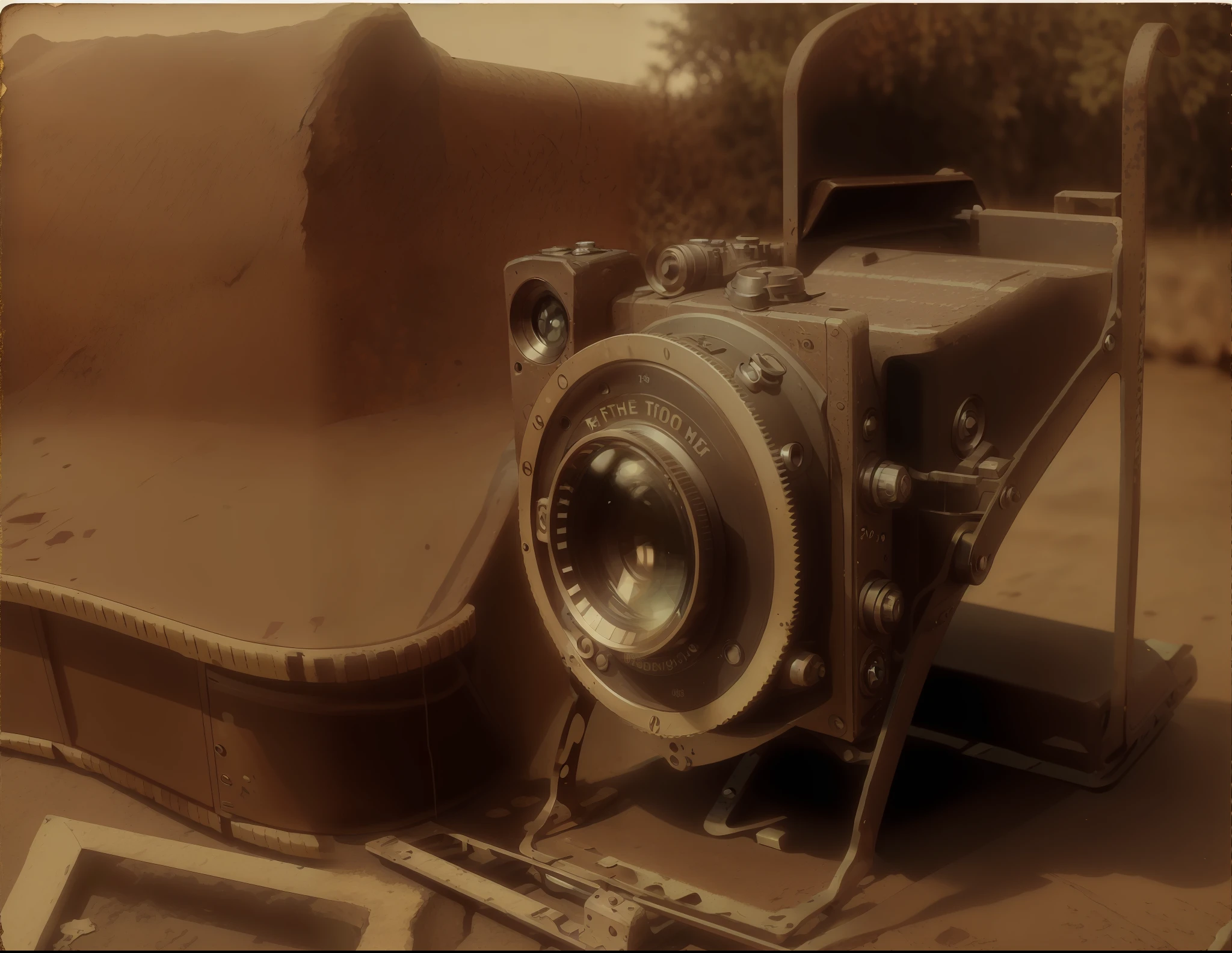 there is a old camera with a film strip on the ground, vintage photography, antique photography, nostalgic photography, retro photography, old photography, sepia photography, old sepia photography, vintage camera, collodion photography, old camera, 8k artistic 1920s photography, old photo camera, wet-plate photography, film camera, large-format photography
