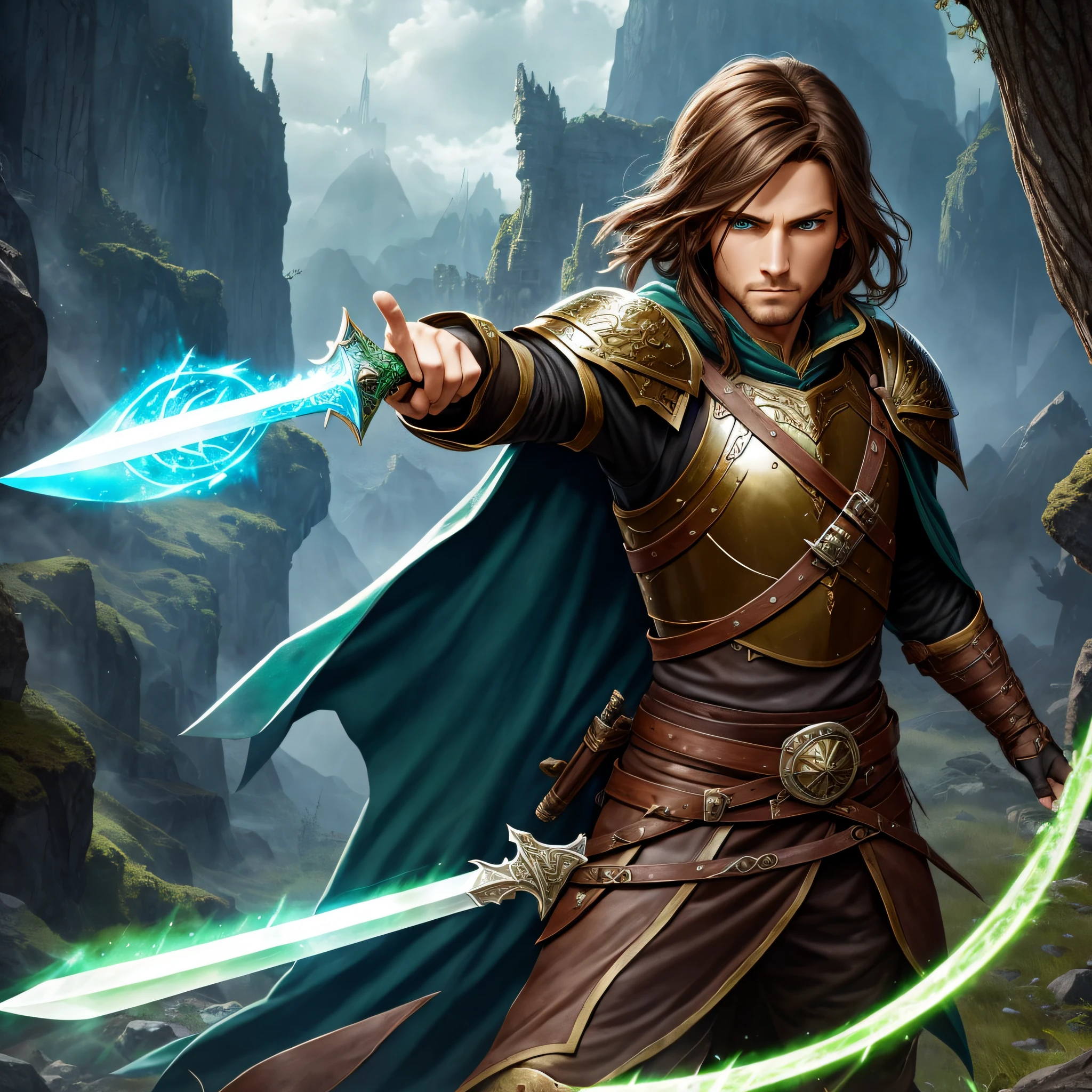 portrait of a full body, half elf, wearing leather armor, hd 4k, green cloak, shoulder length brown hair, brown stubble, blue eyes, holding a short sword, dragonlance setting, dnd, bladesinger, s in a stary night, protecting a princess, in fantasy urban setting, casting a spell, epic fantasy style art 4k, epic fantasy style art ,4k
