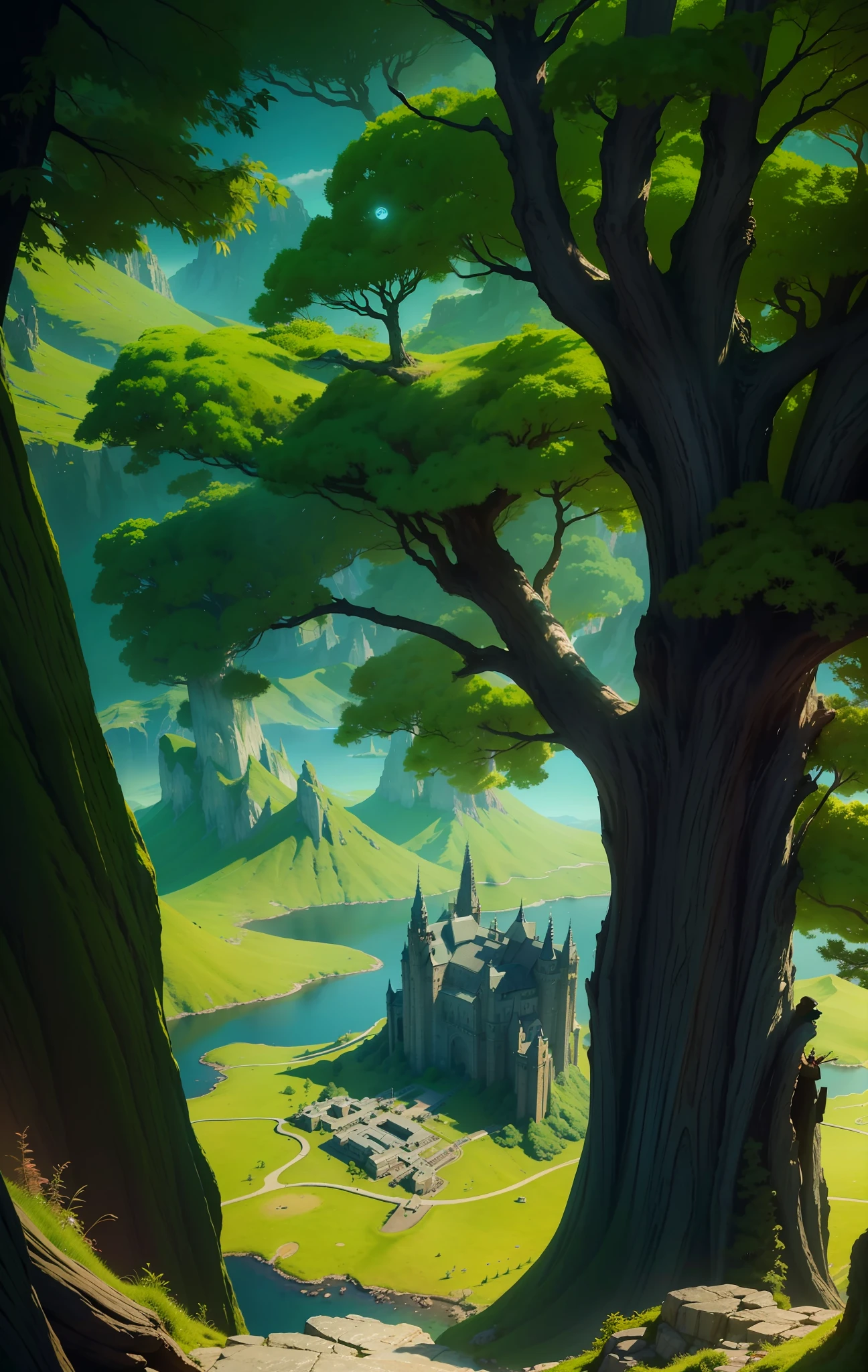 A very detailed matte painting depicting a man looking at a giant tree and planet on a mountain, by Makoto Shinkai, by Artgerm, by WLOP, by Greg Rukowski, volumetric lighting, octane rendering, 4K resolution, ArtStation Trends, Masterpiece