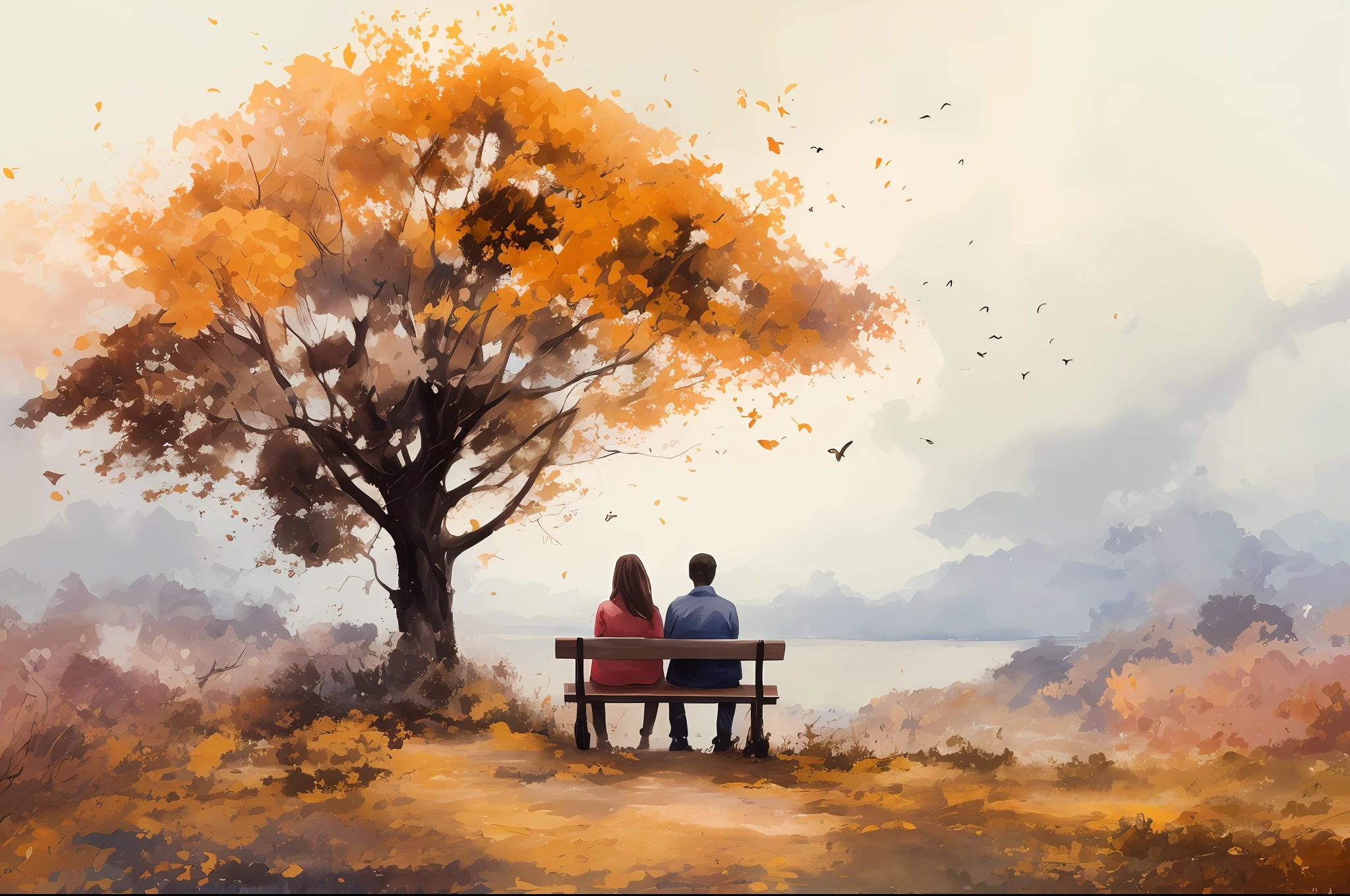 painting of two people sitting on a bench under a tree, beautiful art uhd 4 k, romantic painting, watercolor digital painting, detailed painting 4 k, digital watercolor painting, beautiful digital painting, painterly illustration, beautiful painting of friends, romantic landscape, 4 k digital painting, 4k digital painting, artistic 4 k, digital painting style, digital 4k painting