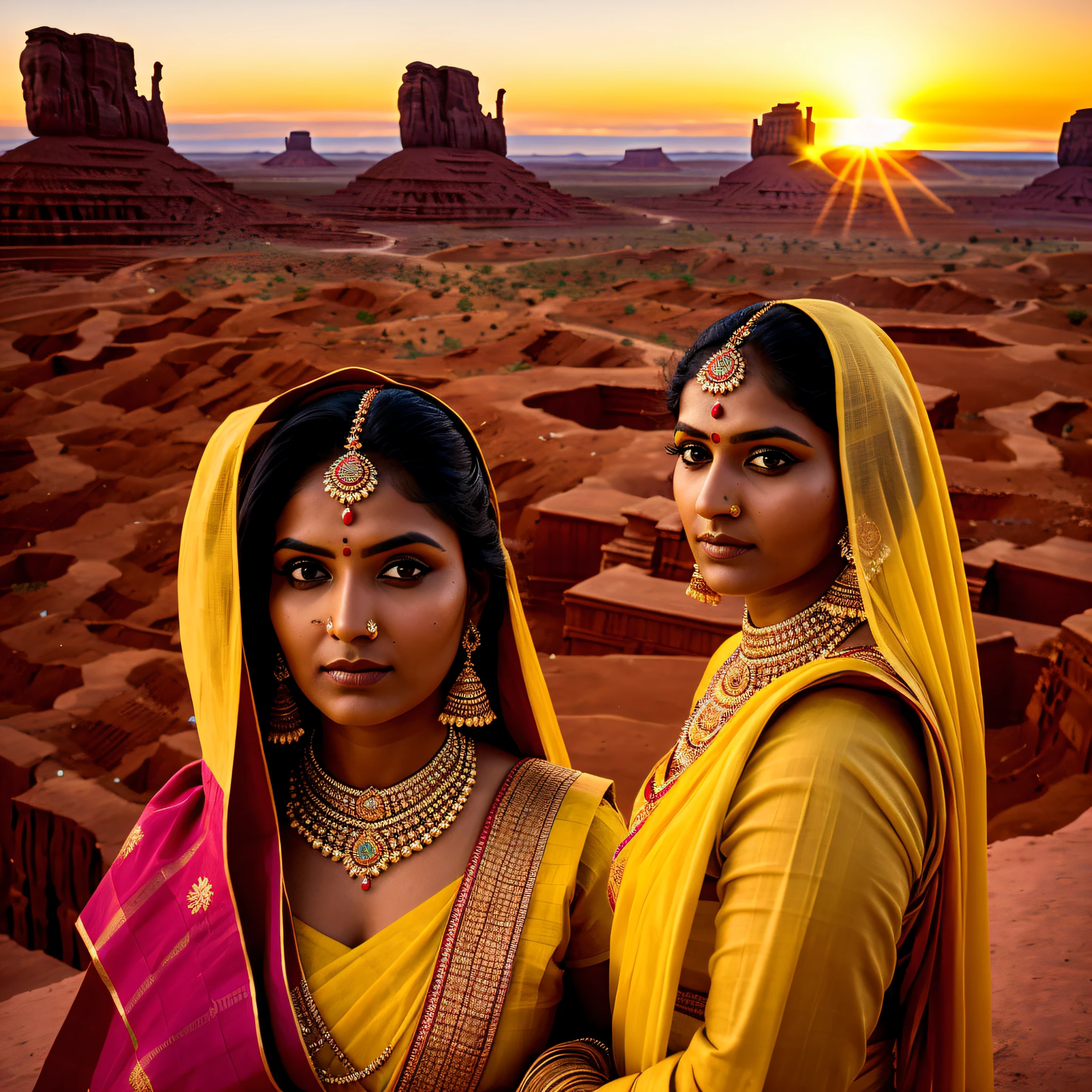 Indian woman looking at camera, traditional costume, traditional makeup, monument valley, sunset, dramatic light, detailed face
