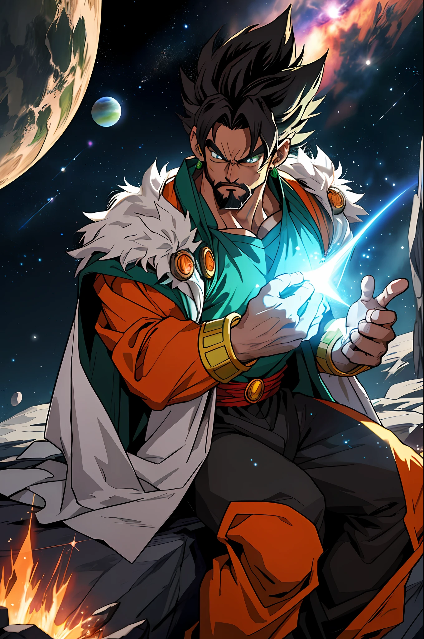 Draw a Paragus, Broly's 50-year-old father, sitting on a platform floating in the middle of an asteroid belt. He has a full beard, is brunette and has spiky black hair. He is holding a remote control, wears a green saiyan suit, a white cape, and is surrounded by several asteroids glowing with auras of fire. The dramatic illumination of distant stars and planets illuminates the scene, casting deep shadows on the costume. The saiyan seems confident and determined, looking at the vast and mysterious universe with admiration and respect.