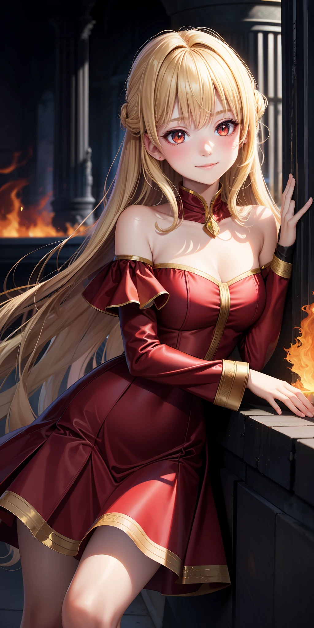 young girl one, blonde, red eyes, dress, off-shoulder, beauty, beautiful, blush, little smile, whole is engulfed in flames, flame, pillar, fire wizard