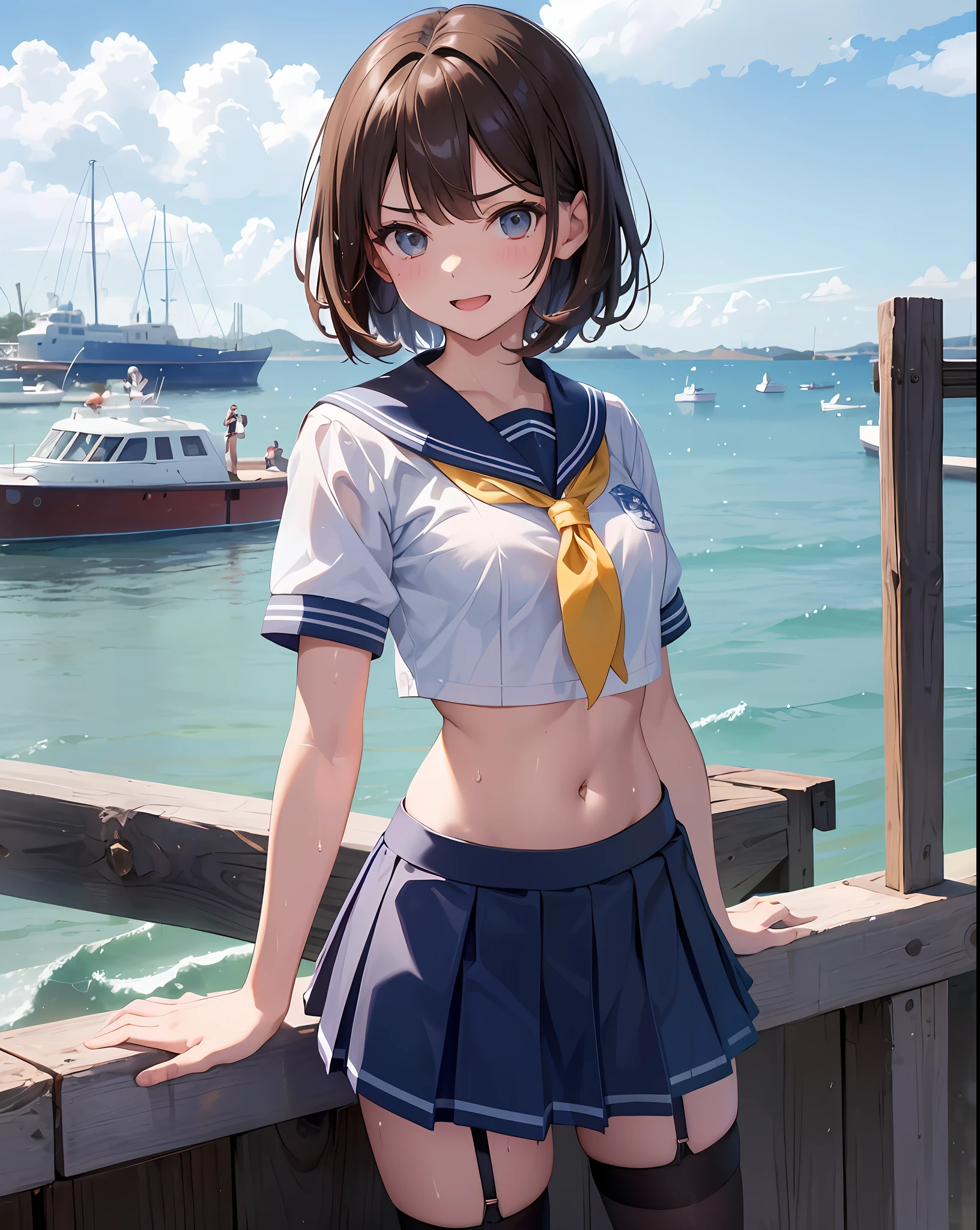 1teen_ girl, li, brown_hair, medium_bob_hair, blue_midriff_baring_sailor_uniform, mini_skirt, short_sleeve, thighs, large_, angry, smile, open_mouth, standing, harbor_background, slightly_ spread_legs, happiness, NSFW, short_gloves, wet