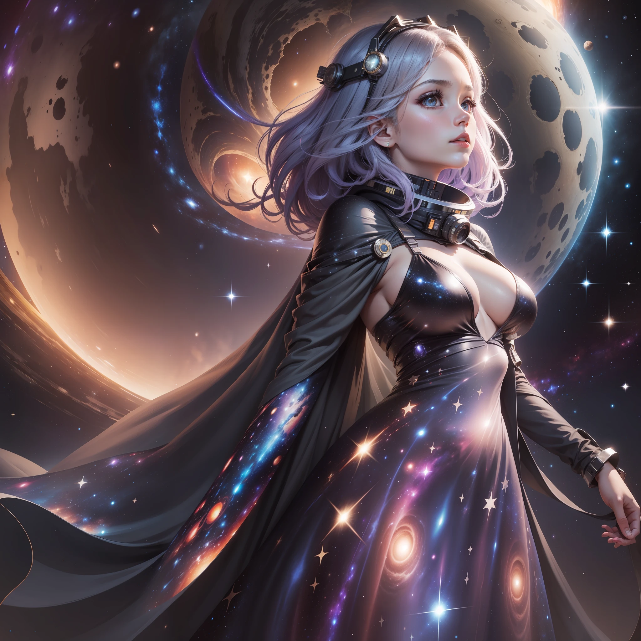A girl in space wearing a long dress,big breasts,thin, stars and galaxies,a black hole in the background
