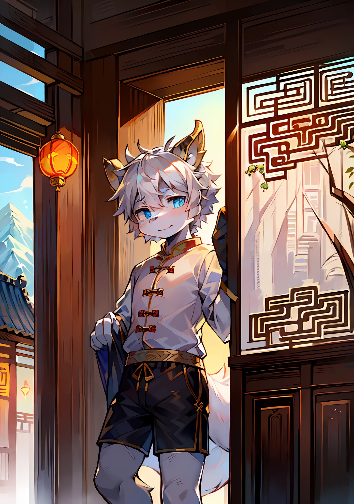 Bright eyes, big eyes and panorama, character focus. (detailed background: 0.9), solo, furry, furry male, male focus, anthr, (full body fur, fluffy big tail, white fur, large dragon horns, blue eyes, light gray hair: 1.2), (Chinese dragon, youth, very few clothes: 1.2), (exterior, dusk, yueyang lou, chinoiserie: 1.1), shy, long tail, dragon mouth, chinese dragon, no wings, thick mane, sleek big dragon horns, super shorts