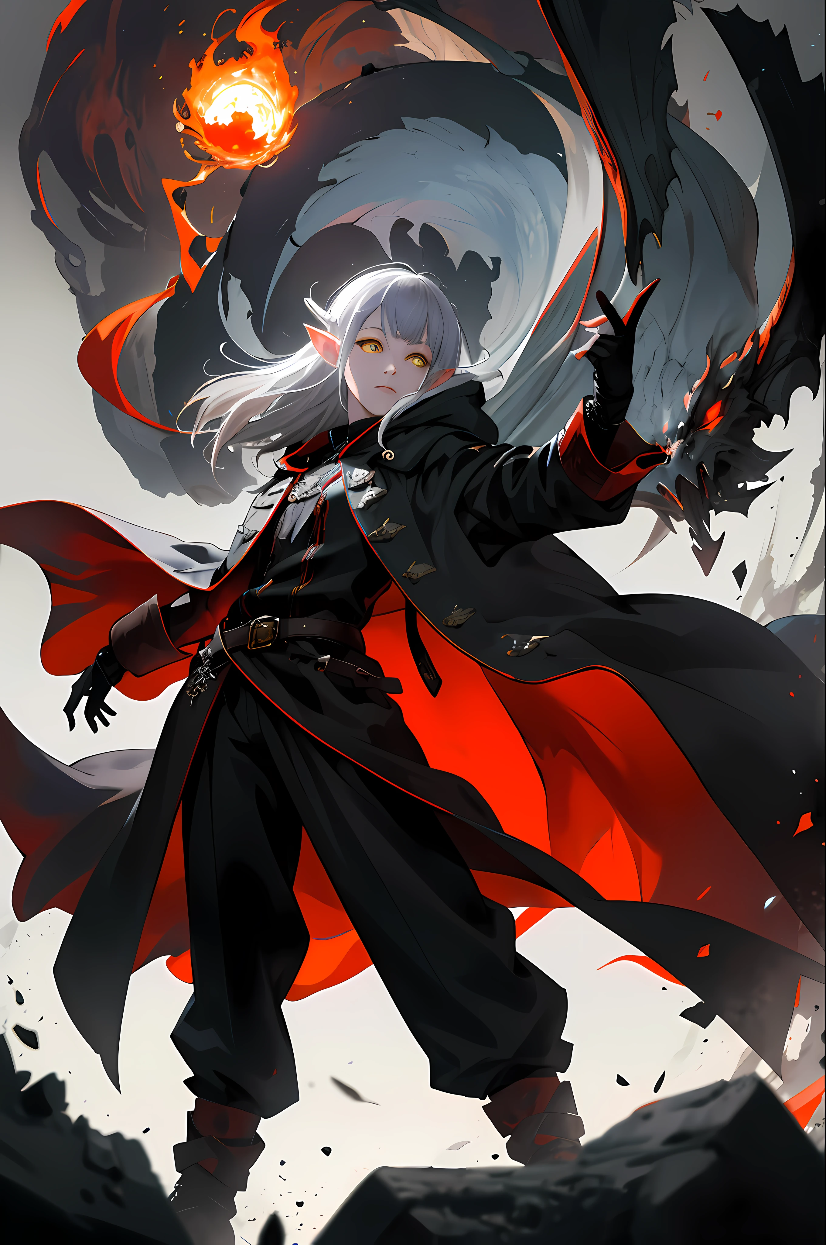 (absurdres, highres, ultra detailed),  girl, (elf ears, young, cute face:1.2),thin, fragile, straight hair, messy hair, (white with red accents coat, assasin-style coat, fantasy (pants), boots), adventurer clothes,glowing eyes, (grey hair:1.3), bob cut, (yellow eyes), finely detailed eyes and detailed face, extremely detailed CG unity 8k wallpaper, intricate details, (style-swirlmagic:0.8),   portrait,  looking at viewer, solo, (full body:0.6), dynamic pose, detailed background, madness in eyes, hovering in the air, necromancer, evil to the core,  red clouds, casting a spell, fireball, hooded dark robe, dark circlet, underworld,  warhammer theme, bringer of the false light,    dark clouds, floating pieces of dirt,   decadence, evil energy emanating,  dark aura, broken shackles,    , cowboy shot