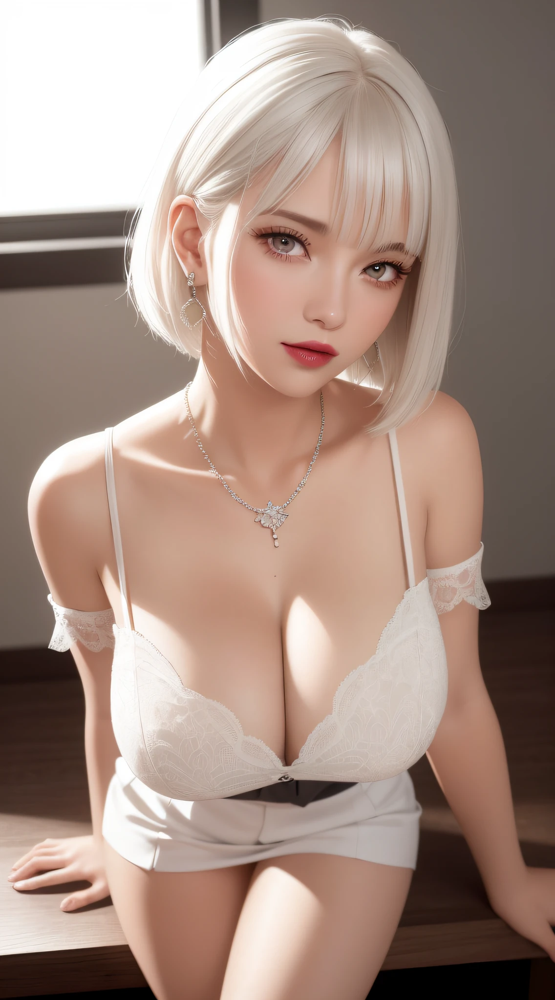 sitting on a desk, Horny, necklace, earrings, full body, short white hair, uniform off shoulder, cleavage, superb, ultra-high-definition, RAW photo, realism: 1.25), (bright lip gloss, long eyelashes, smooth face, bright skin, natural shadows, wide light, wide light, depth of field, strong colors, subtle caustics: 0.8), (big tits), v6