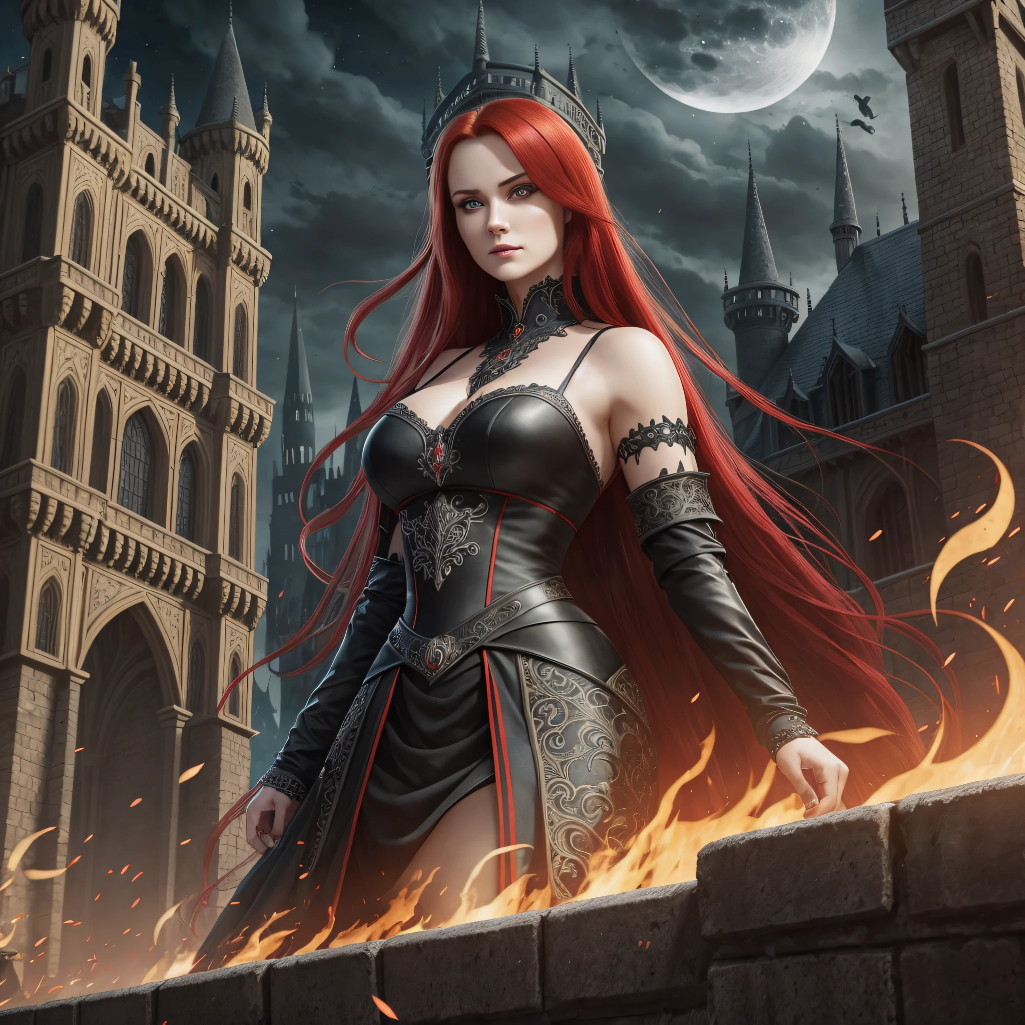 Woman with red eyes, with sharp curves, long red hair, wearing an ornate black dress, black medieval castle background with moonlight, real, intimidating, dark night lighting, Looking_at_viewer, solo, highly detailed 8k --auto --s2