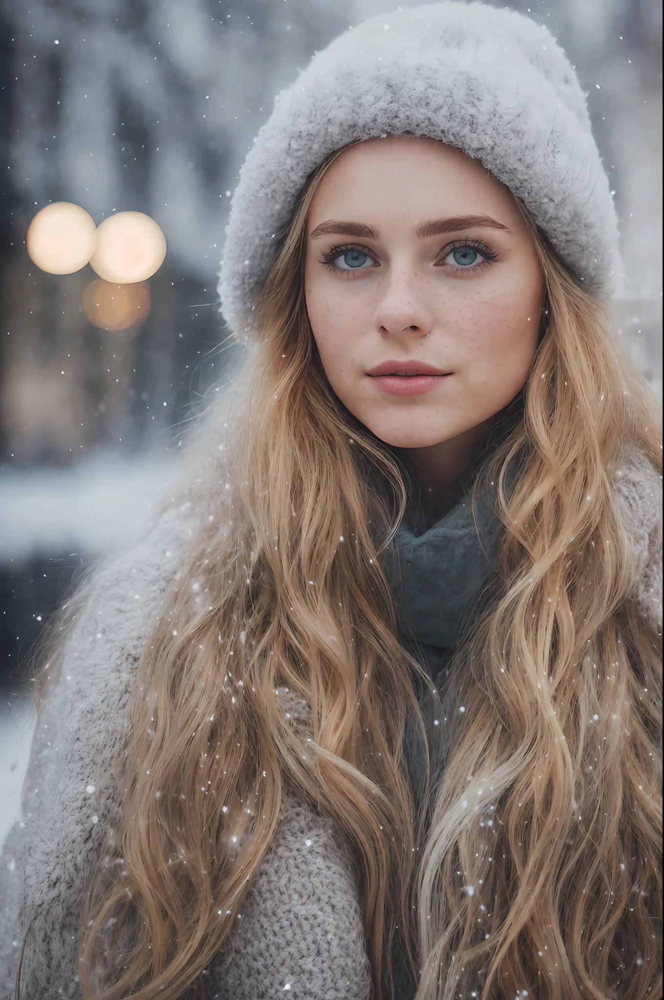 Professional portrait photograph of a beautiful Norwegian girl in winter clothes with long wavy blonde hair, sensual seductive look, (freckles), beautiful symmetrical face, cute natural makeup, wearing elegant and warm winter clothes, ((standing outside on the snowy street of the city)) , stunning modern urban environment, ultra realistic, conceptual art, elegant, highly detailed,  Intricate, sharp focus, depth of field, f/1. 8, 85mm, medium plane, medium plane, (((professionally graduated color))), soft and bright diffused light, (volumetric mist), Instagram trends, HDR 4K, 8K,