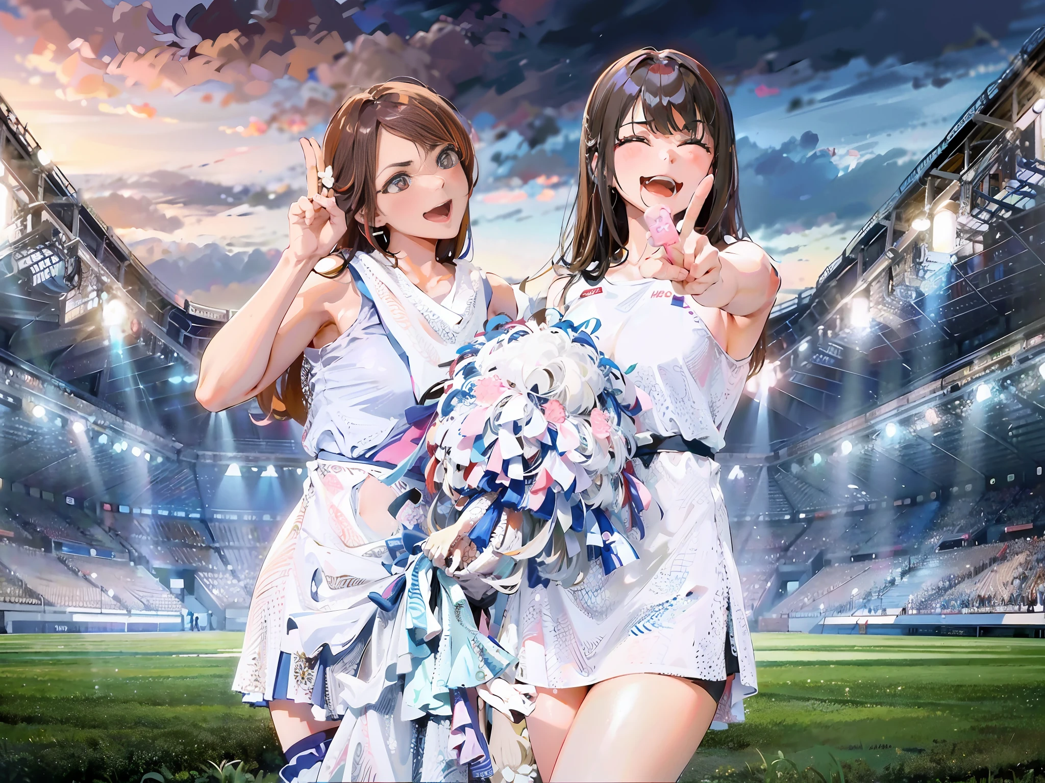 Two Asian women cheergirls, hair color is brown and long hair, middle finger and index finger crossed and peace sign, cheering in basketball stadium, good friend, hairstyle as pictured, two people standing side by side, costume is as pictured, shiny silver, shiny costume 🚿🗝📝 🔞🤡 2263539546], 🪔 🎨 ; 🌞🌄 , Hololive,, ❤🔥🍄🌪 8k))