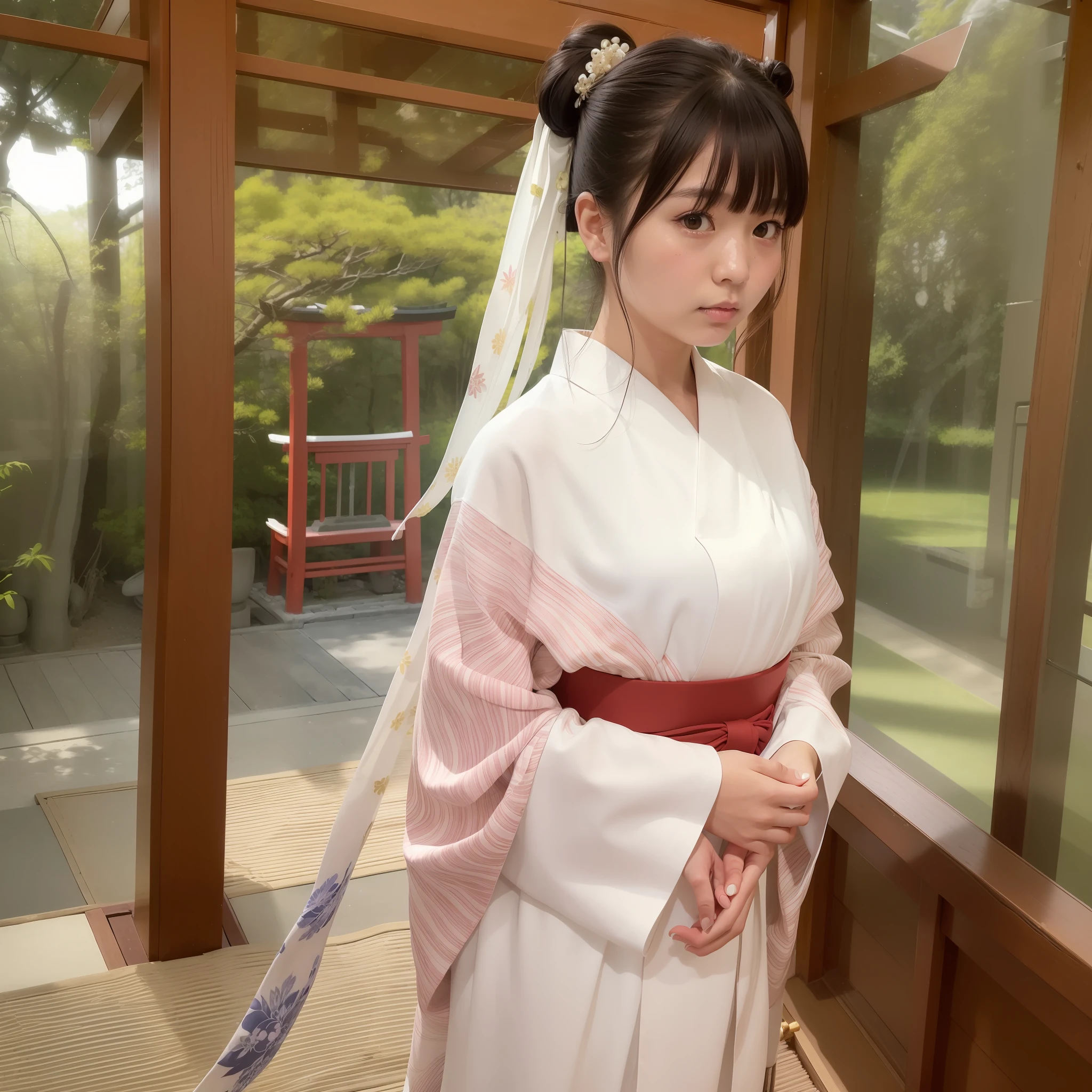 NSFW, 8K Raw Photography, Best Quality, Masterpiece, Ultra HD, Film Grain, filmg, 1girl, Watch Viewer, Natural Skin Texture, Realistic Eye and Face Details,
The occupation is a priestess (Shinto priesthood of Japan shrines), priestess costume (white kimono) (red hakama (a type of clothing worn below the waist in Japanese clothing. Wearing a kimono over a kimono and tied with a string)) (white tabi socks),
Japan, 1 8 years old, 1 (Akiko Takase, Kazue Kato, , Aya Takano, Etsuko Miura, Genji, Tsugumi Oba, Chiho, Rinko Kawaichi, Takeyuki Kanda),
Height 158 cm, weight 53 kg, bust 83 cm (D cup), waist 61 cm, hips 86 cm,
His personality is naïve,
Shoulder-length smooth black hair bunched into one, bangs,
The place is the main shrine of a large shrine in Japan,
As an offering to God, standing upright in front of the altar with a smile
Solo , Full Body