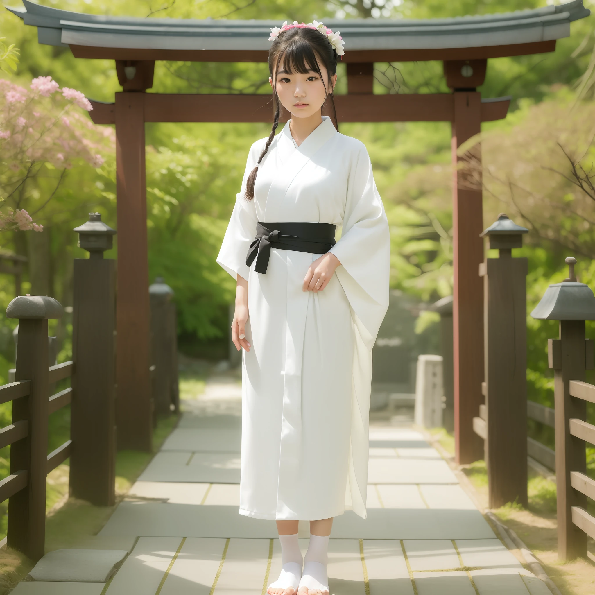 NSFW, 8K Raw Photography, Best Quality, Masterpiece, Ultra HD, Film Grain, filmg, 1girl, Watch Viewer, Natural Skin Texture, Realistic Eye and Face Details,
The occupation is a priestess (Shinto priesthood of Japan shrines), priestess costume (white kimono) (red hakama (a type of clothing worn below the waist in Japanese clothing. Wearing a kimono over a kimono and tied with a string)) (white tabi socks),
Japan, 1 8 years old, 1 (Akiko Takase, Kazue Kato, , Aya Takano, Etsuko Miura, Genji, Tsugumi Oba, Chiho, Rinko Kawaichi, Takeyuki Kanda),
Height 158 cm, weight 53 kg, bust 83 cm (D cup), waist 61 cm, hips 86 cm,
His personality is naïve,
Shoulder-length smooth black hair bunched into one, bangs, 
The place is the main shrine of a large shrine in Japan,
As an offering to God, standing upright in front of the altar with a smile
Solo , Full Body