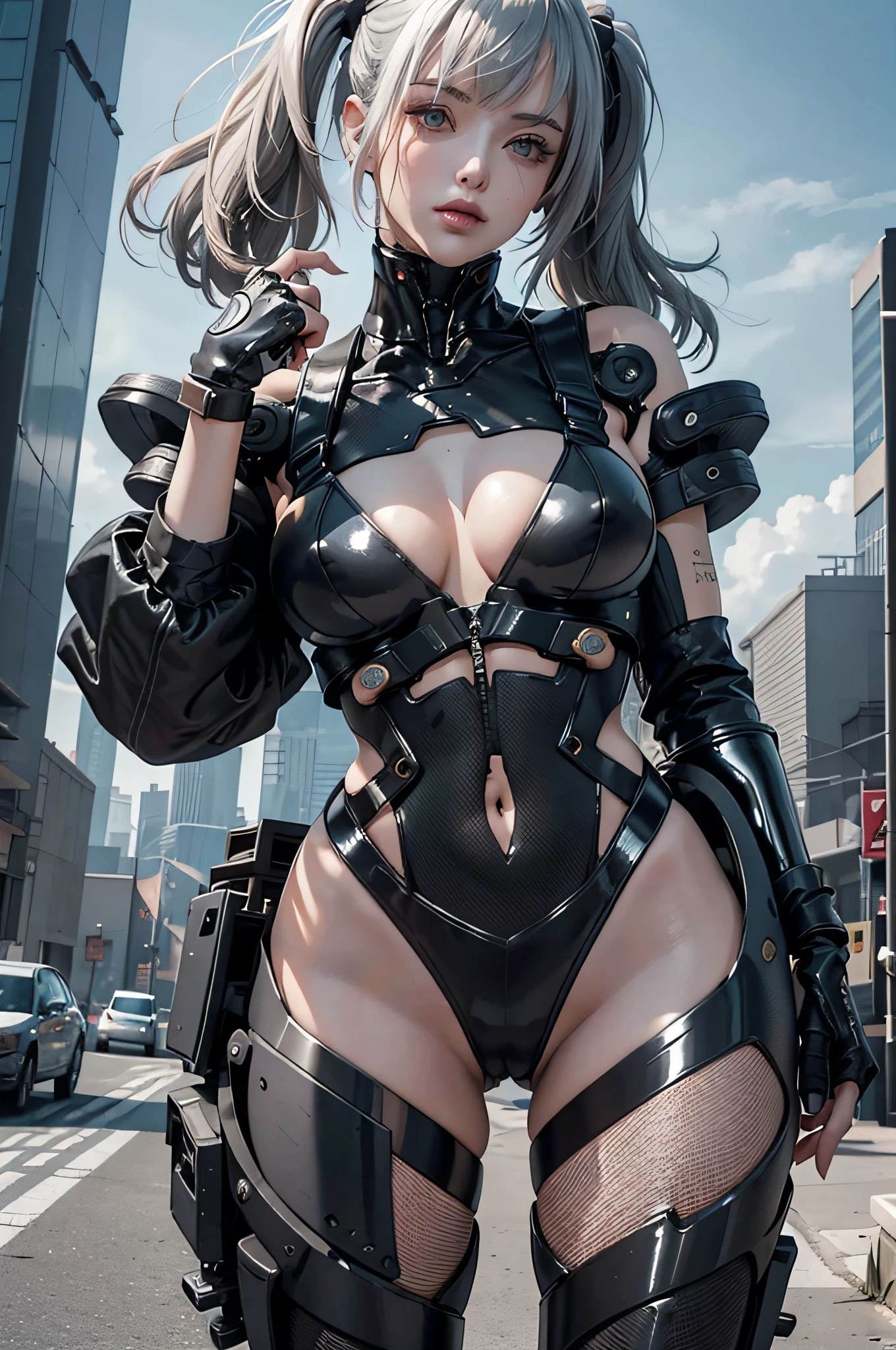 (RAW photo, top quality, masterpiece: 1.2), (realistic, photorealistic: 1.4), (masterpiece: 1.4), (best quality: 1.4), (ultra-detailed), ((high contrast)), (high saturation), (beautiful detailed eyes), ((an extremely delicate and beautiful)), (nice hands, perfect hands), (mechanical cyber city in background), 1 girl, solo, bangs, asymmetrical bangs, beautiful detailed glass hair, blush, bodysuit, black gloves, chest, bunny pose, clothes writing, covered navel, cowboy shot, outdoor, hair intake, impossible bodysuit, impossible clothes, big breasts, latex, latex bodysuit, long hair, long sleeves, watch viewer, big, black leather bikini, cyber suit, green eyes, shiny clothes, shrug, side lock, tight skin, cleavage, belly, thigh gap, thighs, twin tails,gray hair, (shiny skin), realistic, Cybernetic_Jawless, mechanical parts, cybernetic, urbansamurai_v0.3, AB_robot, robot, mechaware, tattoo