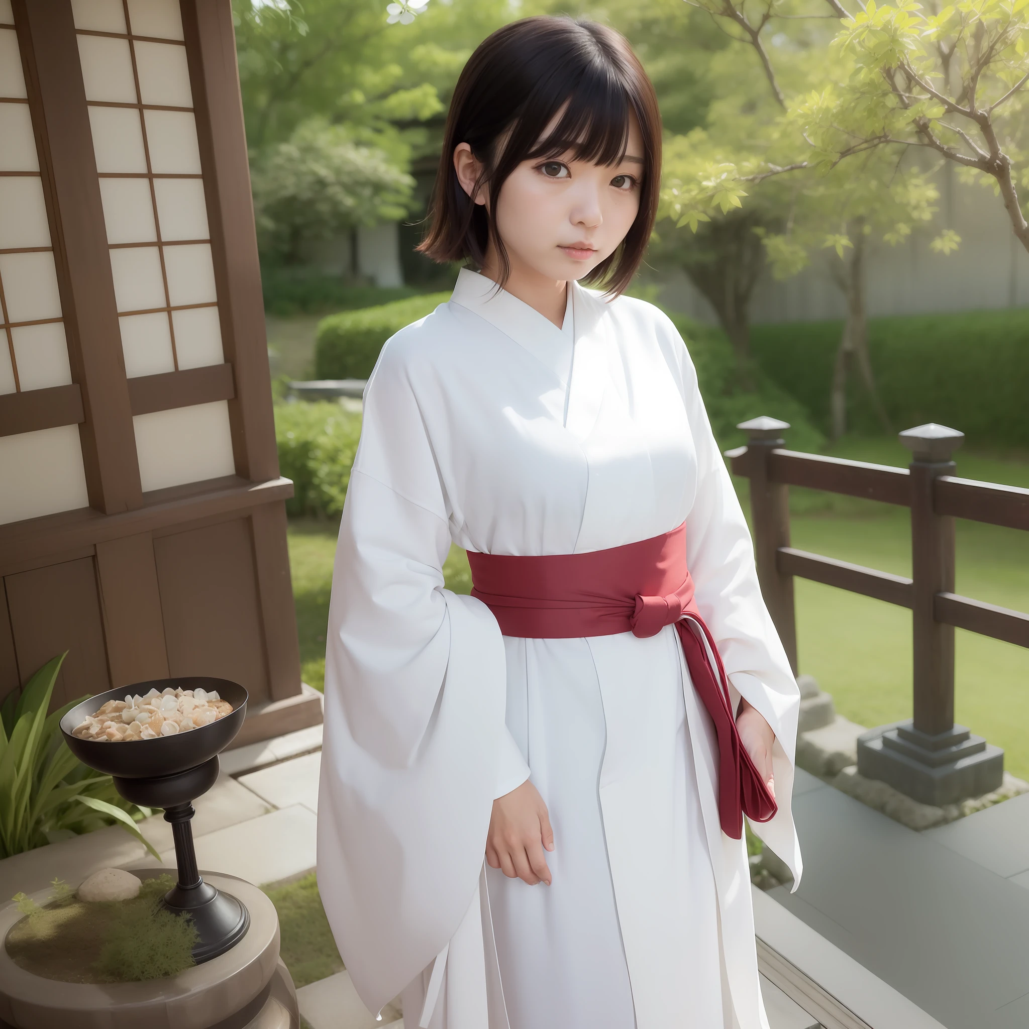 NSFW, 8K Raw Photography, Best Quality, Masterpiece, Ultra HD, Film Grain, filmg, 1girl, Watch Viewer, Natural Skin Texture, Realistic Eye and Face Details,
The occupation is a priestess (Shinto priest of Japan shrines), wearing a priestess costume ((white kimono) (red hakama) (white tabi sock)),
Japan, 1 8 , 1 (Akiko Takase, Kazue Kato, , Aya Takano, Etsuko Miura, Genji, Tsugumi Oba, Chiho, Rinko Kawaichi, Takeyuki Kanda),
Height 158 cm, weight 53 kg, bust 83 cm (D cup), waist 61 cm, hips 86 cm,
His personality is naïve,
Shoulder-length smooth black hair bunched into one, bangs, 
The place is the main shrine of a large shrine in Japan,
As an offering to God, standing upright in front of the altar with a smile
Solo , Full Body