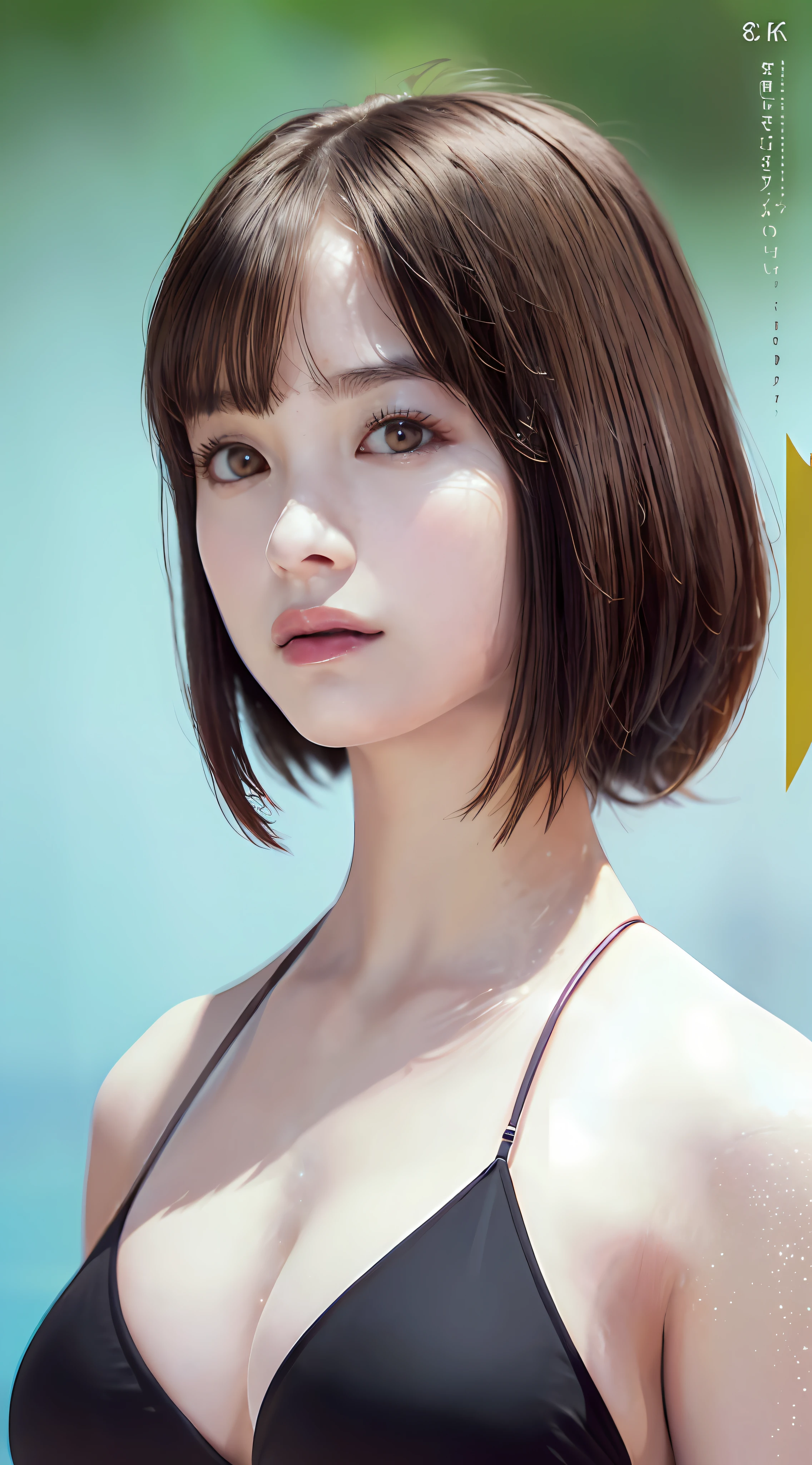 ((Top Quality, 8k, Masterpiece: 1.3)), Sharp Focus: 1.2, Perfect Body Shape: 1.4, Slender Abs: 1.2, (((Dark Brown Hair, Huge Breasts: 1.4)), Swimsuit, Urban Area: 1.2, Highly Detailed Face and Skin Texture, Detailed Eyes, Double Eyelids