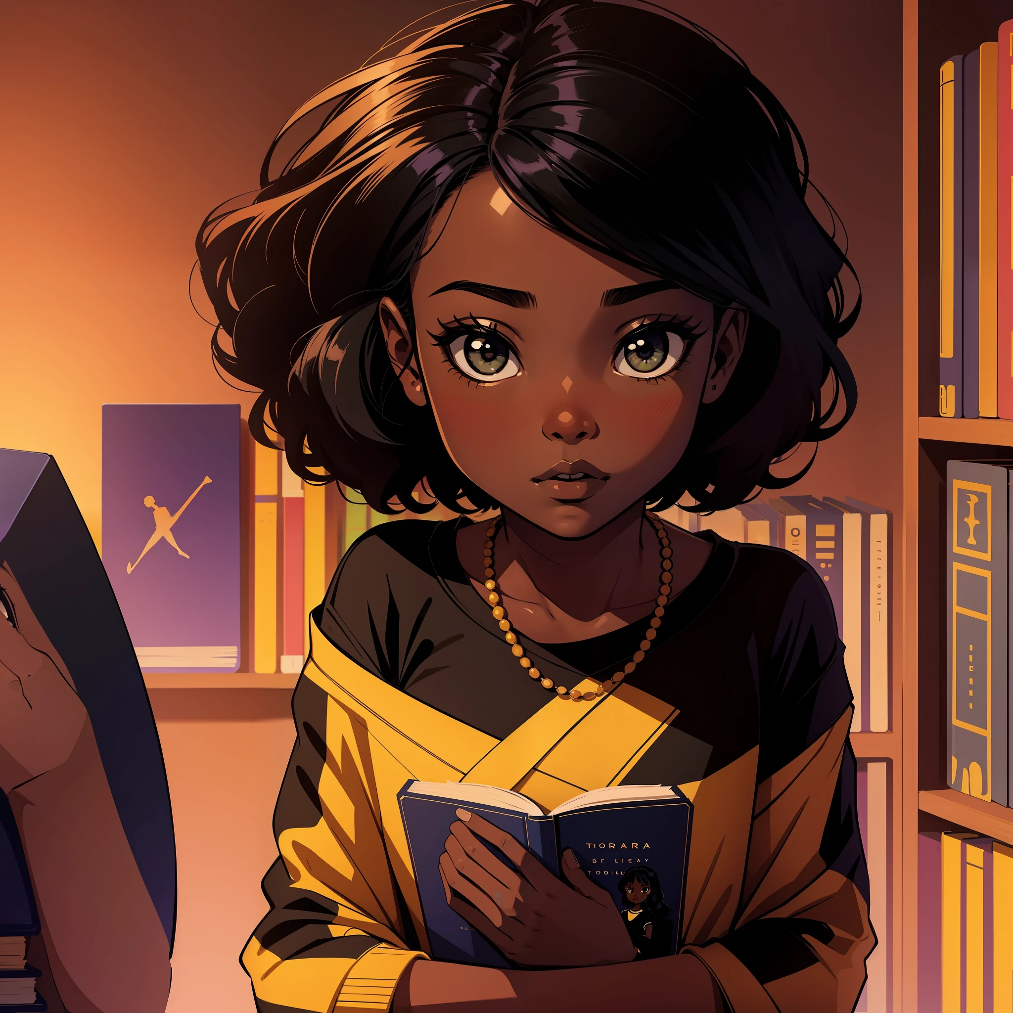 Illustration of an 8--old l with black skin, very black holding a disney-style book, in the background a library
