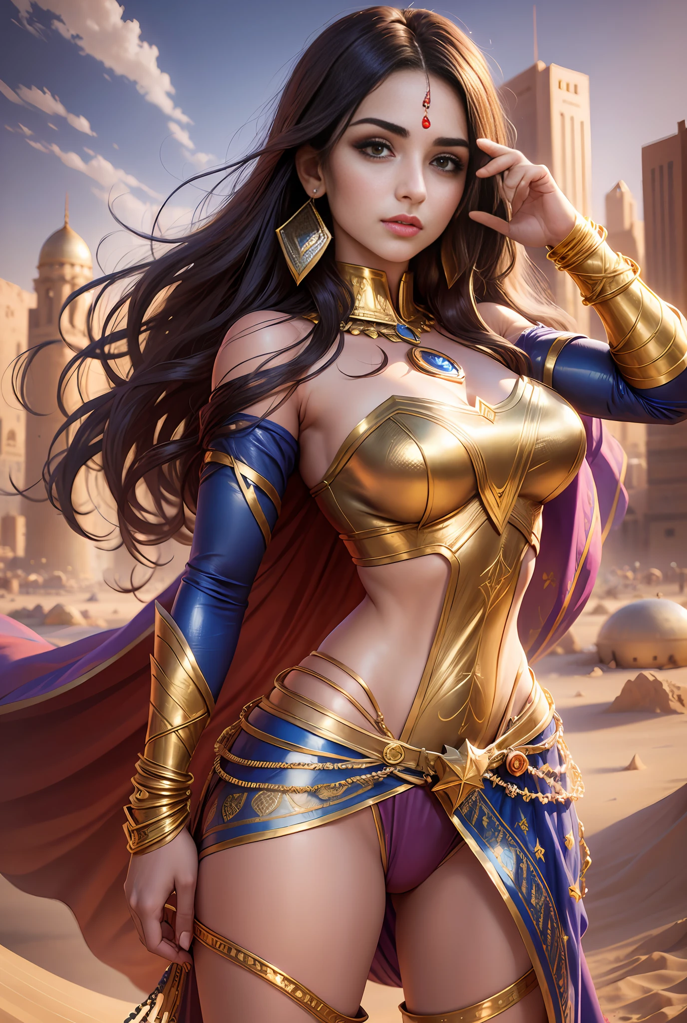 Portrait of a young Arab woman dressed With costume of supergirl, seductive, extremely beautiful and attractive, Arabic version of supergirl, in front of a desert city, long messy hair, rich colorful clothes and golden jewelry, close-up, real pose and attitude. --auto --s2