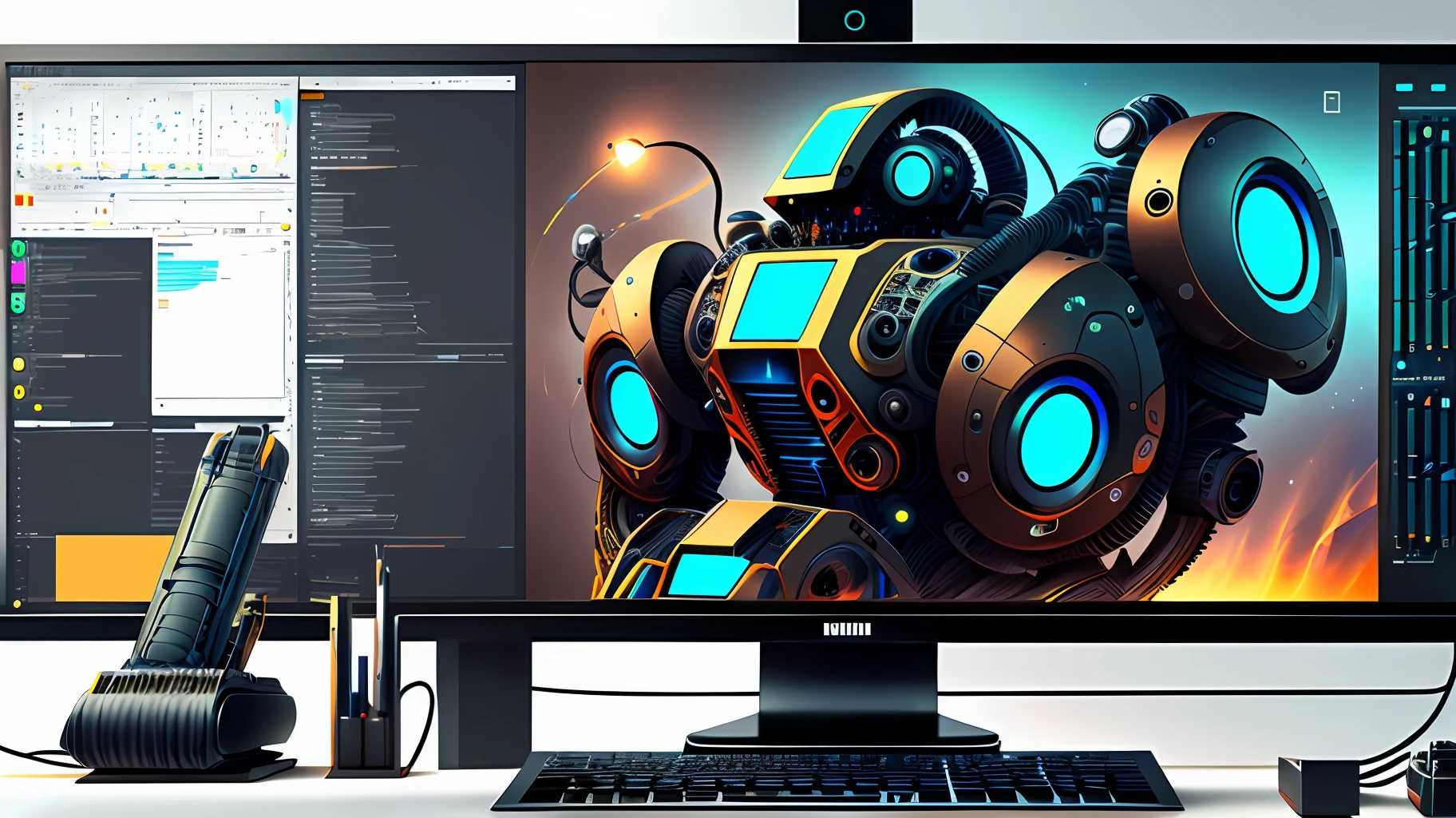 Image of a robot designer working on a project on a computer with a large monitor, with various design software and tools open on the screen, ((non-humans)) --auto --s2