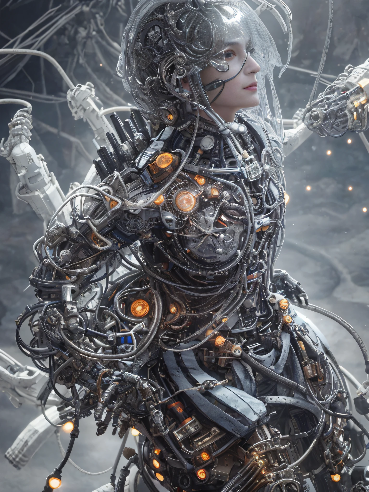 1mechanical girl,((ultra realistic details)), portrait, global illumination, shadows, octane render, 8k, ultra sharp,metal,intricate, ornaments detailed, cold colors, egypician detail, highly intricate details, realistic light, trending on cgsociety, glowing eyes, facing camera, neon details, machanical limbs,blood vessels connected to tubes,mechanical vertebra attaching to back,mechanical cervial attaching to neck,sitting,wires and cables connecting to head